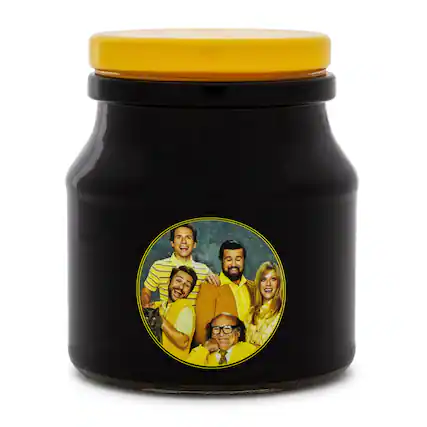 Front. Silver Buffalo - It's Always Sunny In Philadelphia Family Portrait Glass Storage Jar With Lid - White.