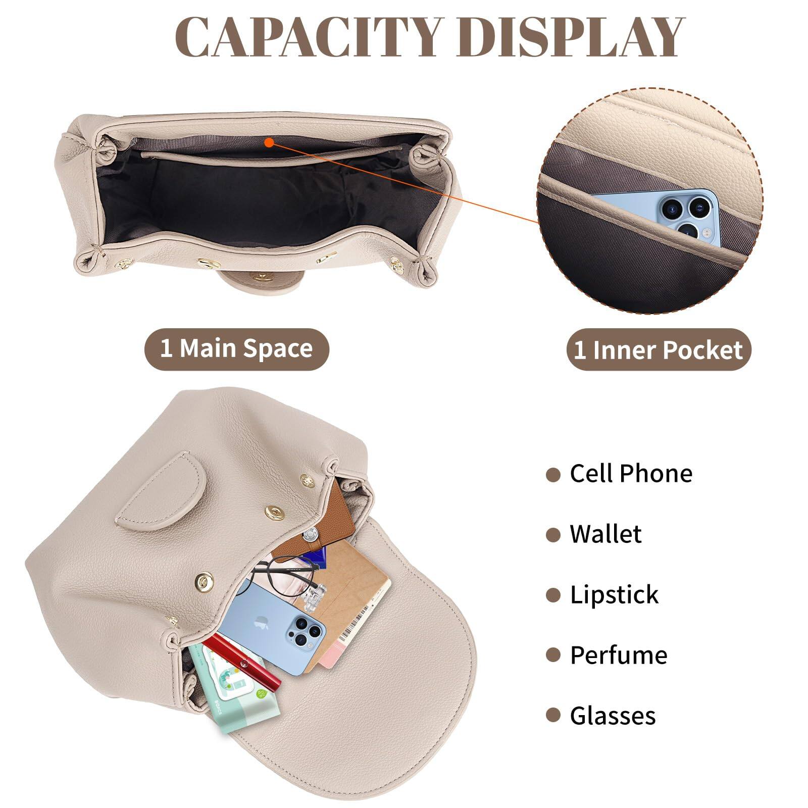 CAPACITY DISPLAY

1 Main Space

1 Inner Pocket

- Cell Phone
- Wallet
- Lipstick
- Perfume
- Glasses