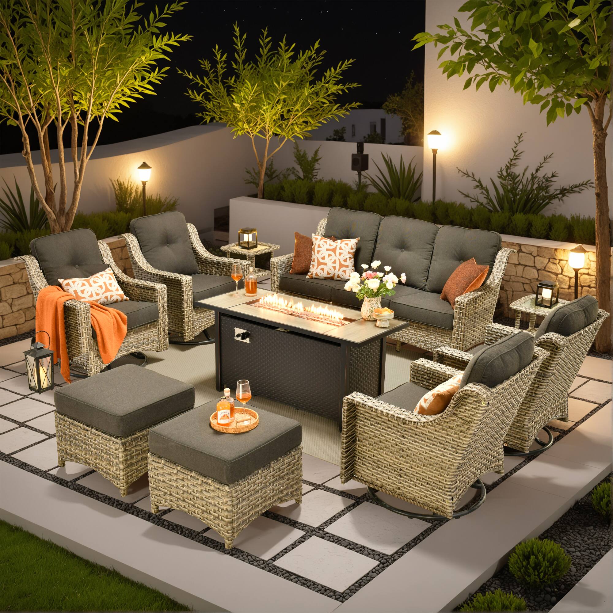 Ovios - 10 PCS Patio Furniture Set, High Back Sofa with Swivel Chair, Coffee Table & 54" Fire Pit Table - Black