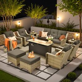 Ovios - 10 PCS Patio Furniture Set, High Back Sofa with Swivel Chair, Coffee Table & 54" Fire Pit Table - Black