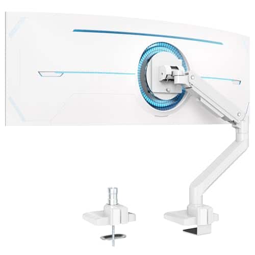 Hirose Alice - Heavy Duty Monitor Arm For 17 To 49 Inch Screens Up Fully Adjustable Ultrawide Single Clamp-on Desk Mount St - White