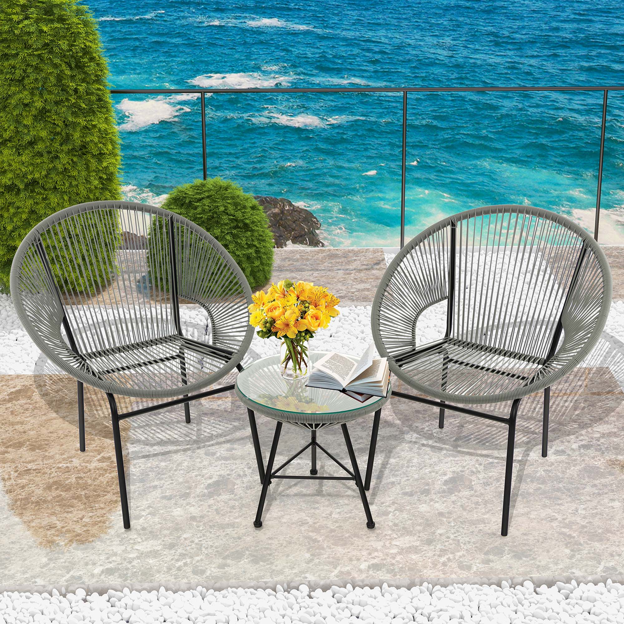 Alt View 10. Costway - Costway 3PCS Patio Acapulco Furniture Bistro Set Plastic Rope Glass Table Grey - Grey.