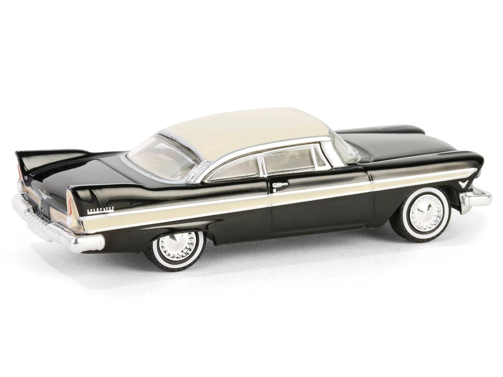 Alt View 1. Greenlight - 1957 Plymouth Belvedere Jet Black w/Sand Dune White Top & Stripes "Showroom Floor" Series 6 1/64 Model Car by Greenlight.