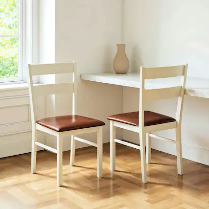 Front. Kadyn - Set of 2 Armless Kitchen Dining Chairs, PU Leather Upholstery on Wooden Frame, White and Brown - Brown.