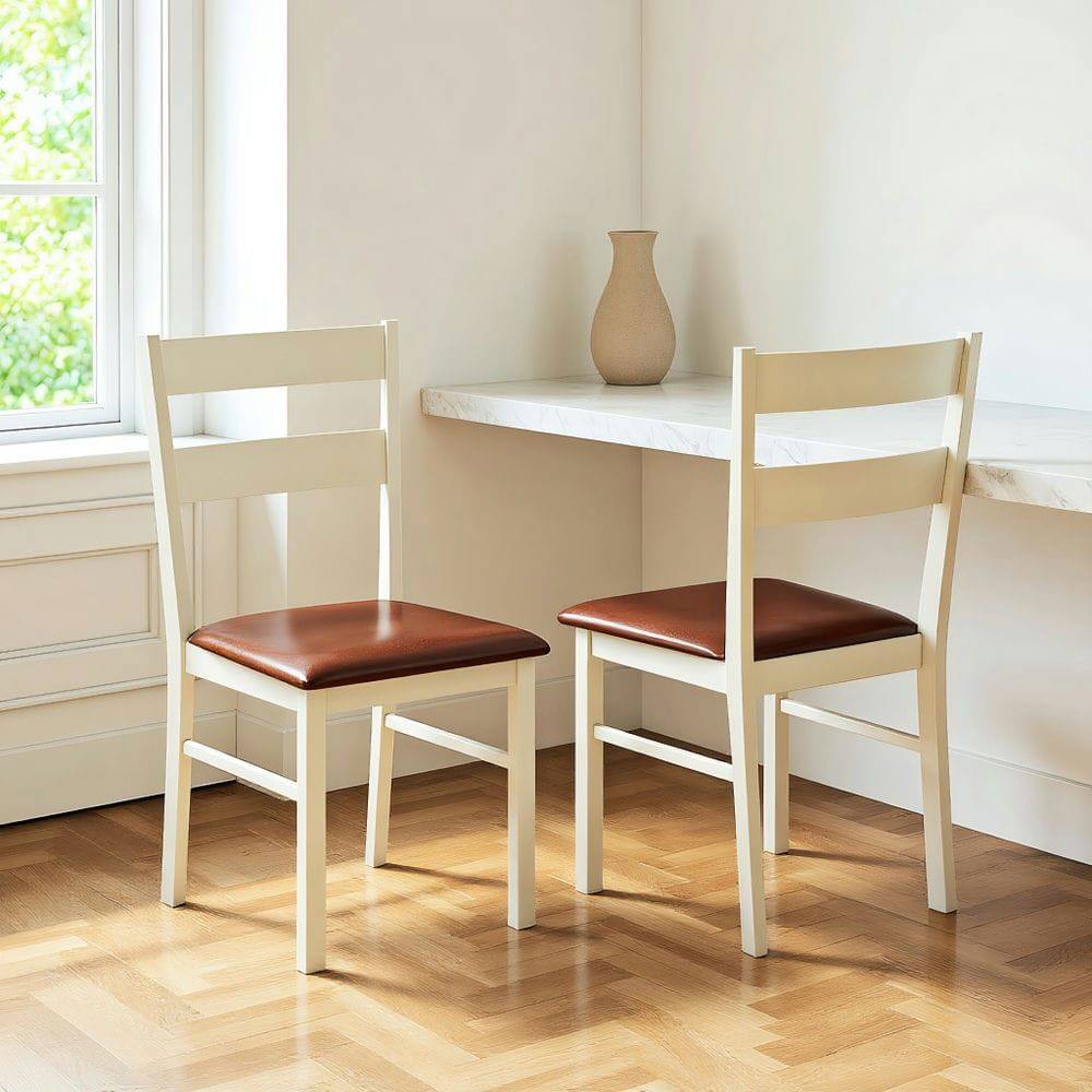 Front. Kadyn - Set of 2 Armless Kitchen Dining Chairs, PU Leather Upholstery on Wooden Frame, White and Brown - Brown.
