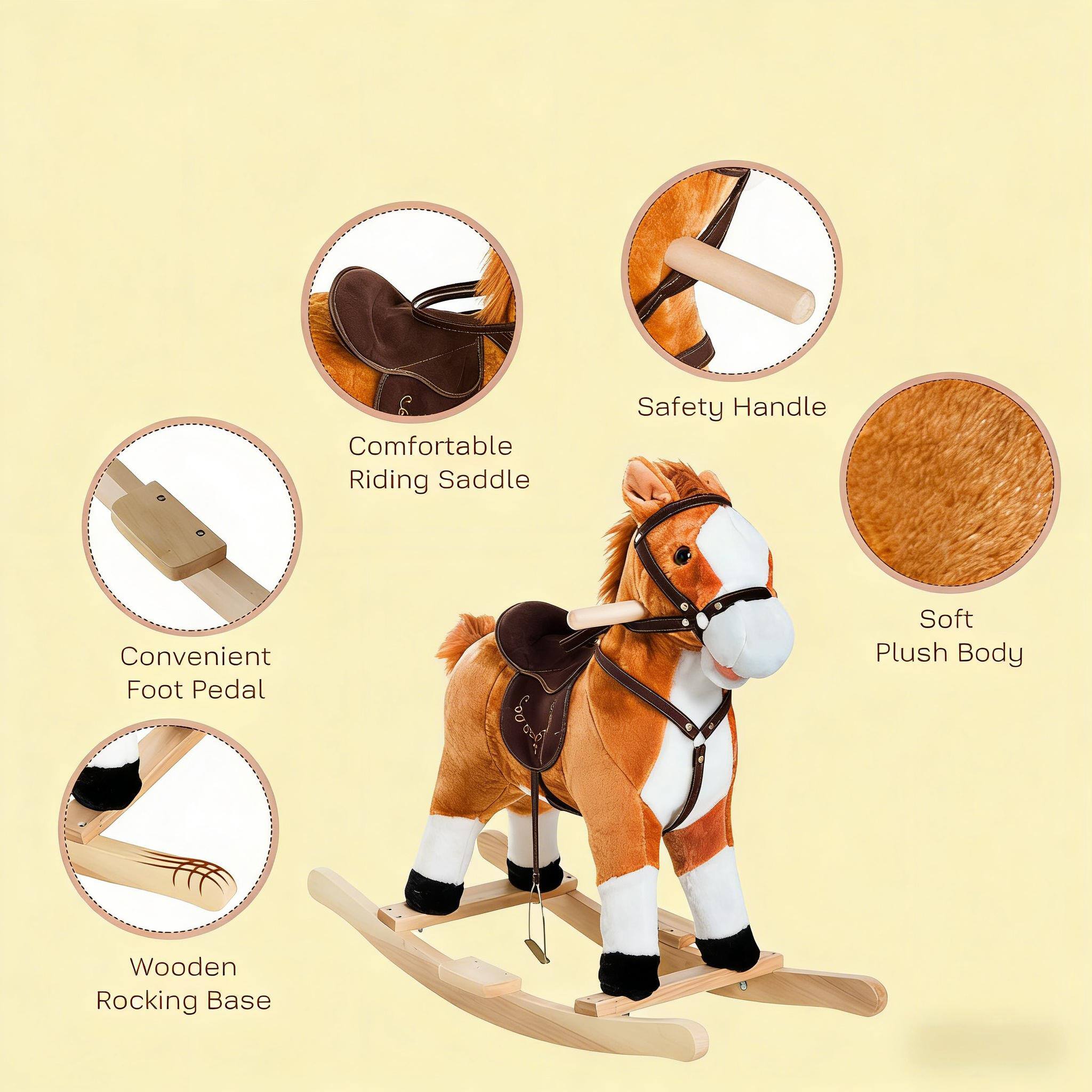 - Comfortable Riding Saddle
- Safety Handle
- Soft Plush Body
- Wooden Rocking Base
- Convenient Foot Pedal