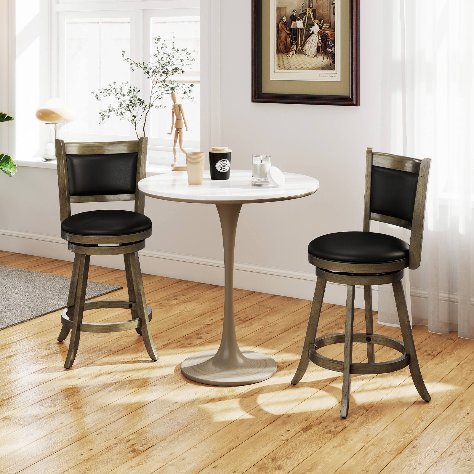 Alt View 4. Gymax - Gymax Swivel Bar Stools w/ Solid Rubber Wood Frame Set of 4 for Kitchen Island - Grey.