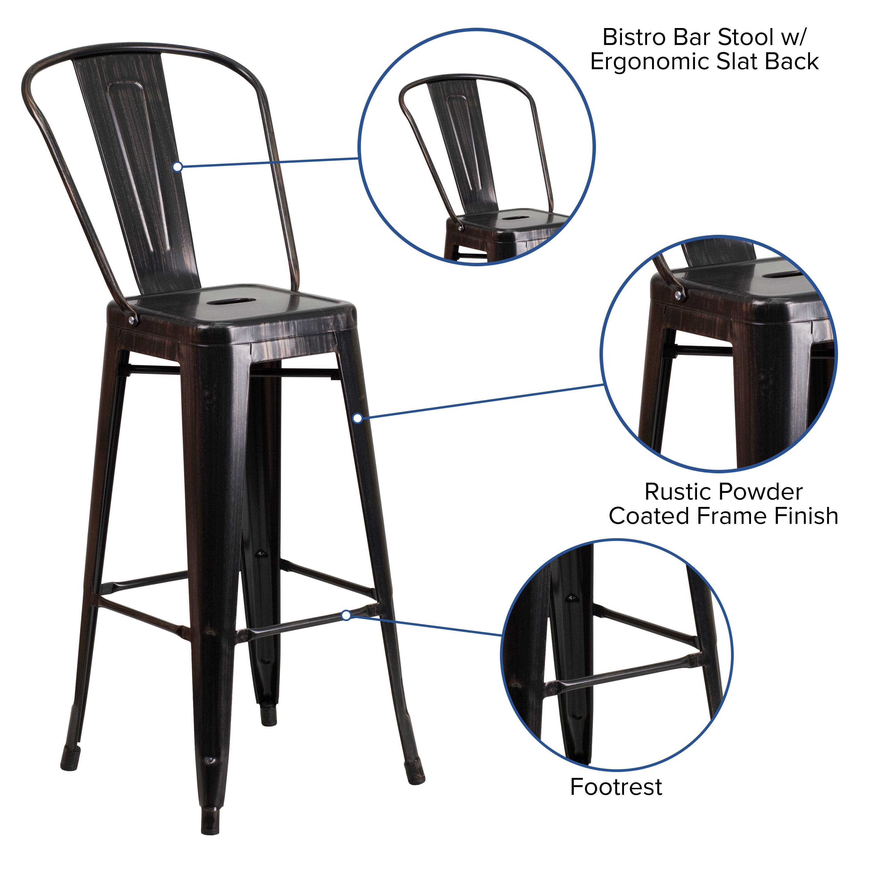 Bistro Bar Stool w/ Ergonomic Slat Back  
Rustic Powder Coated Frame Finish  
Footrest