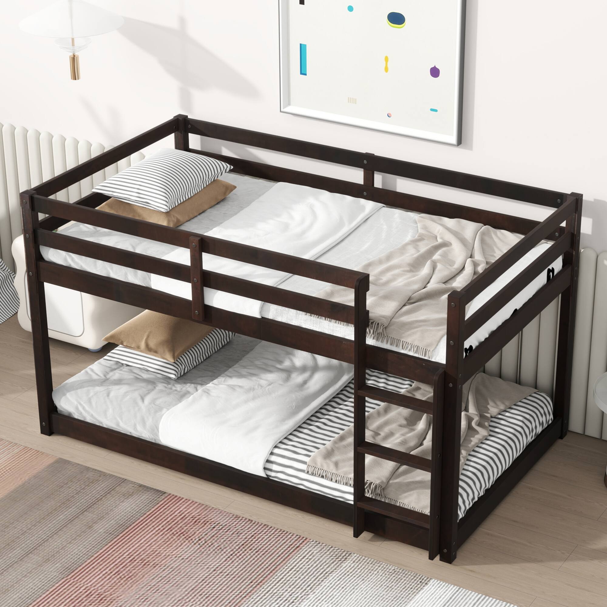 Alt View 7. GOODSILO - Solid Wood Twin Over Twin Floor Bunk Bed with Ladder and Strengthened Slats for Enhanced Stability - Espresso.