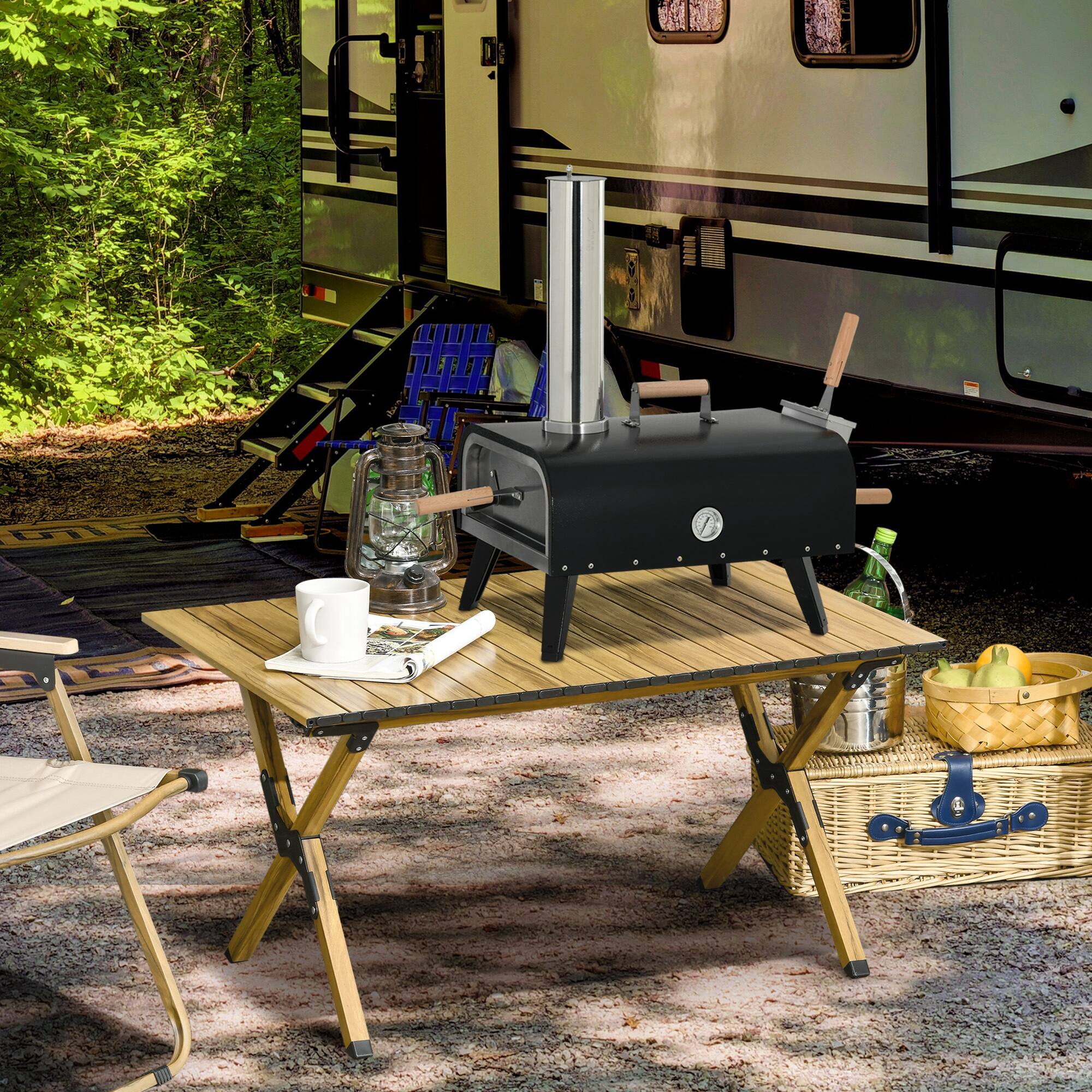 Alt View 1. Outsunny - Outdoor Pizza Oven with 12" Stone, Peel and Cover, Portable Pellet Wood Fired Pizza Maker with Foldable Legs - Black.