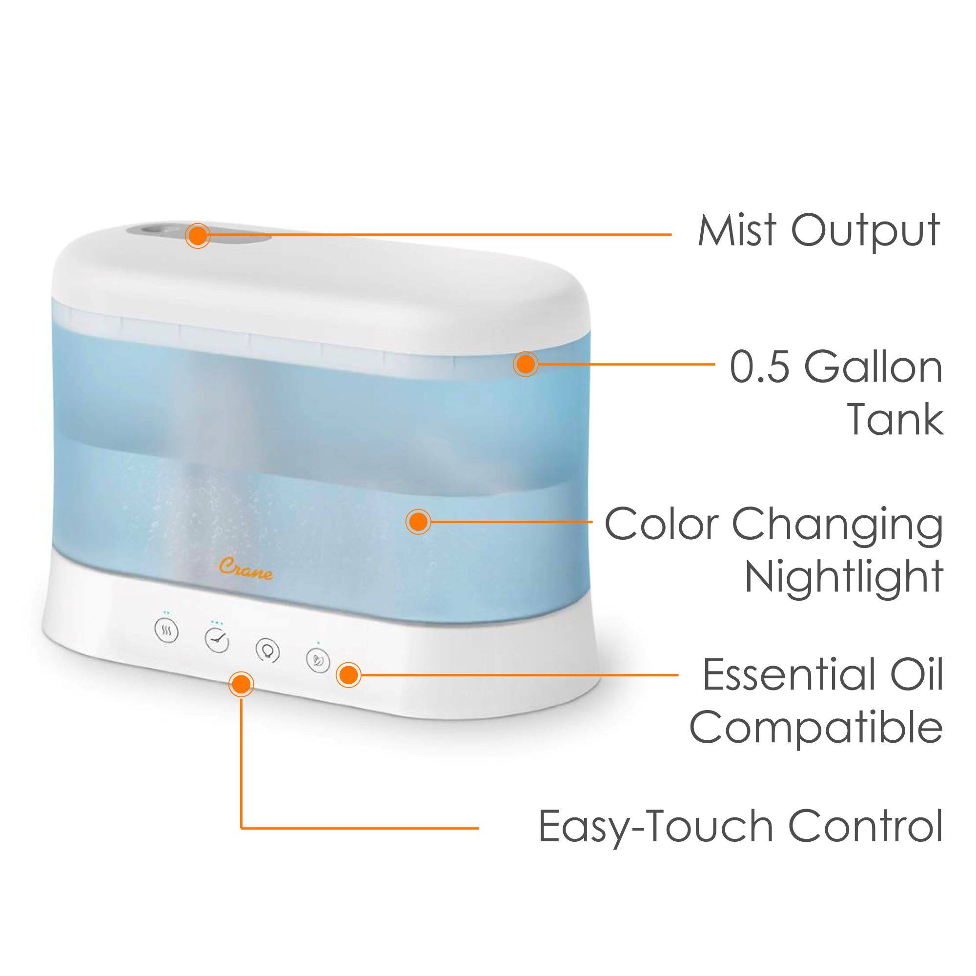 - Mist Output
- 0.5 Gallon Tank
- Color Changing Nightlight
- Essential Oil Compatible
- Easy-Touch Control