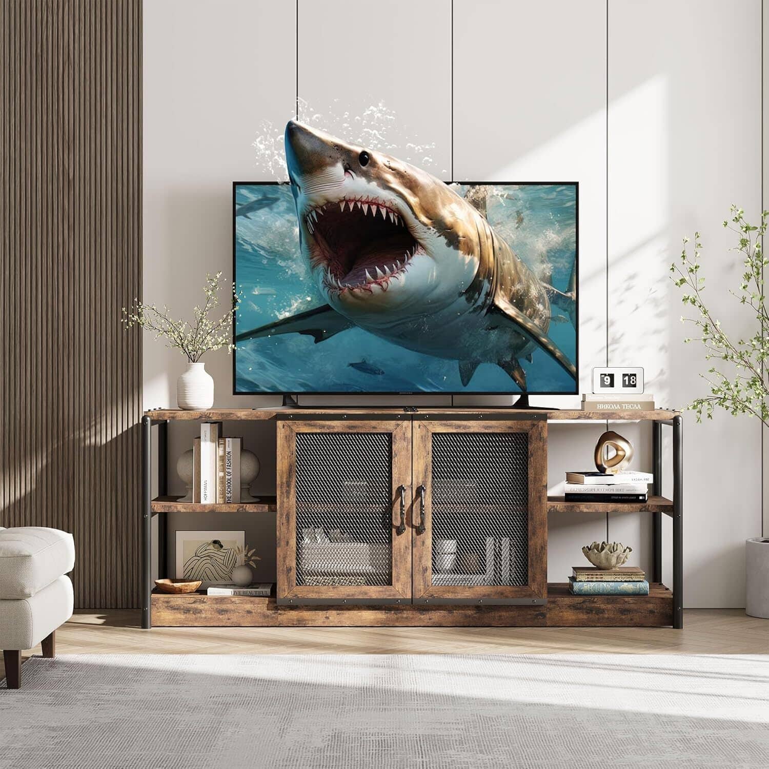 Acekool - 63" Farmhouse Style TV Console Table, TV Stand with Shelves - Brown