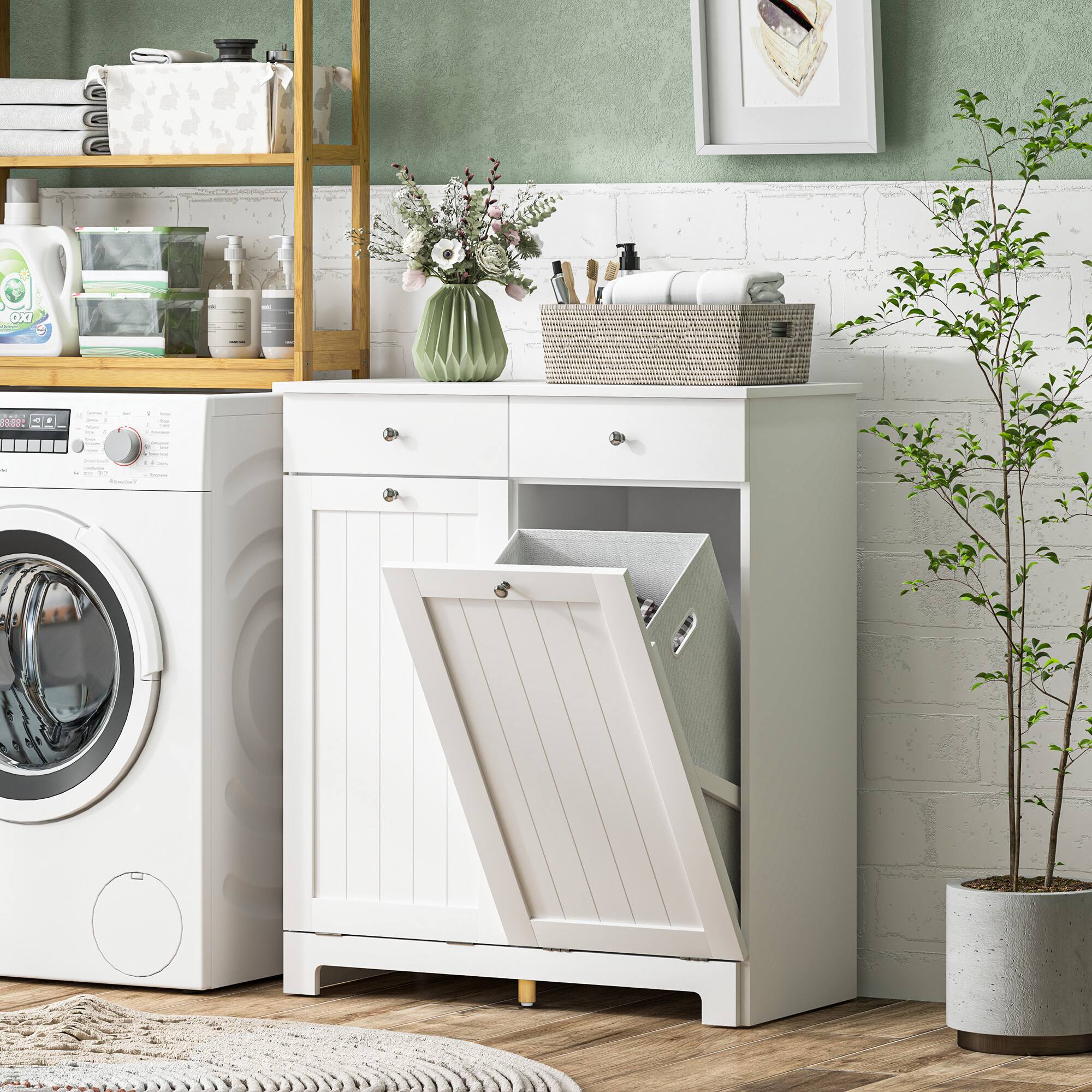 Alt View 1. Homcom - Laundry Hamper Cabinet with 2 Removable Baskets, Tilt Out Design with 2 Drawers and 2 Doors​ - White.