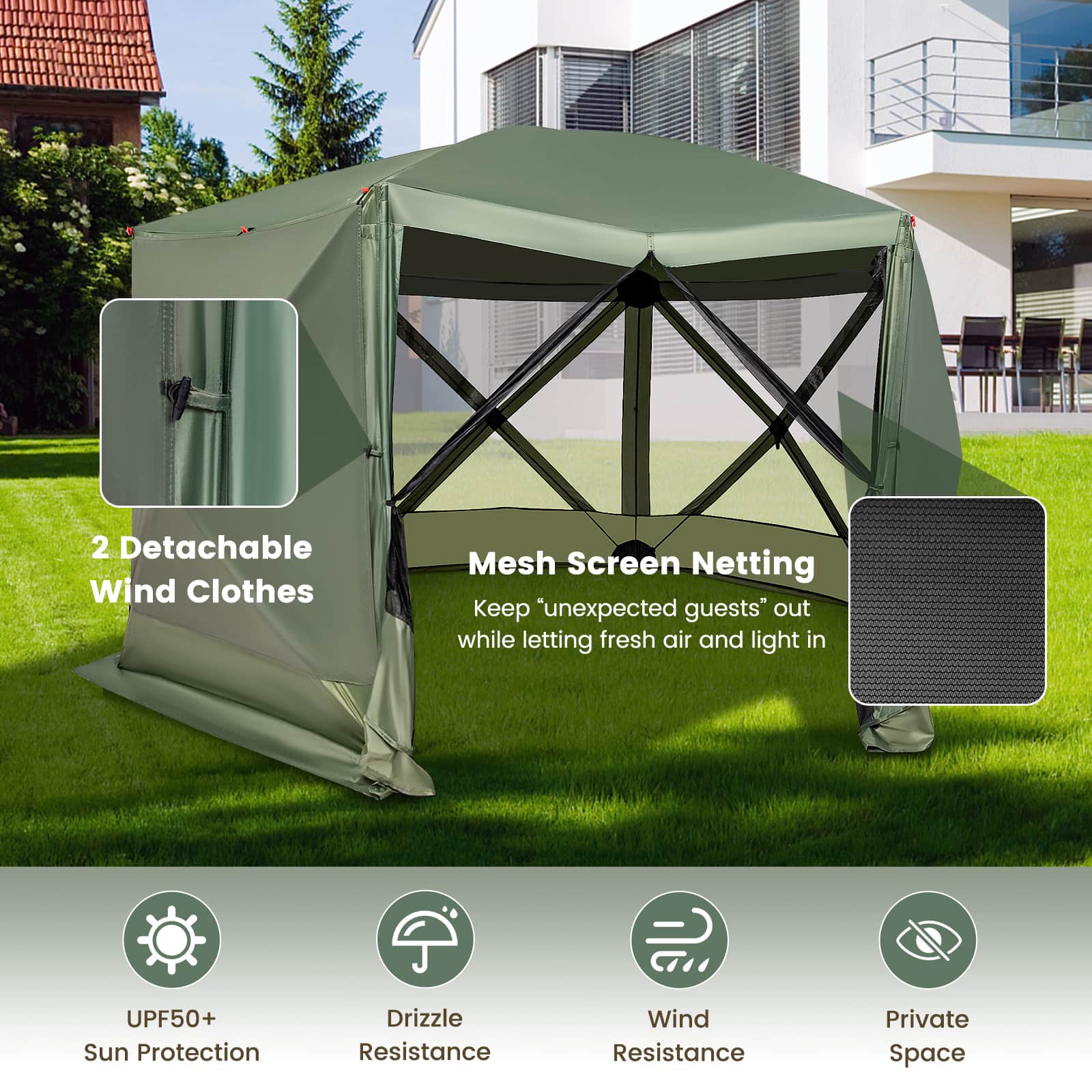 The text on the image reads: "2 Detachable Wind Clothes Mesh Screen Netting Keep "unexpected guests* out while letting fresh air and light in UPF50+ Sun Protection Drizzle Resistance Wind Resistance Private Space."