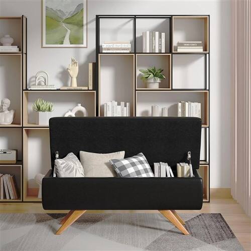 Back. SlickBlue - Faux Leather End of Bed Storage Bench Ottoman, Mid-Century Style - Black.