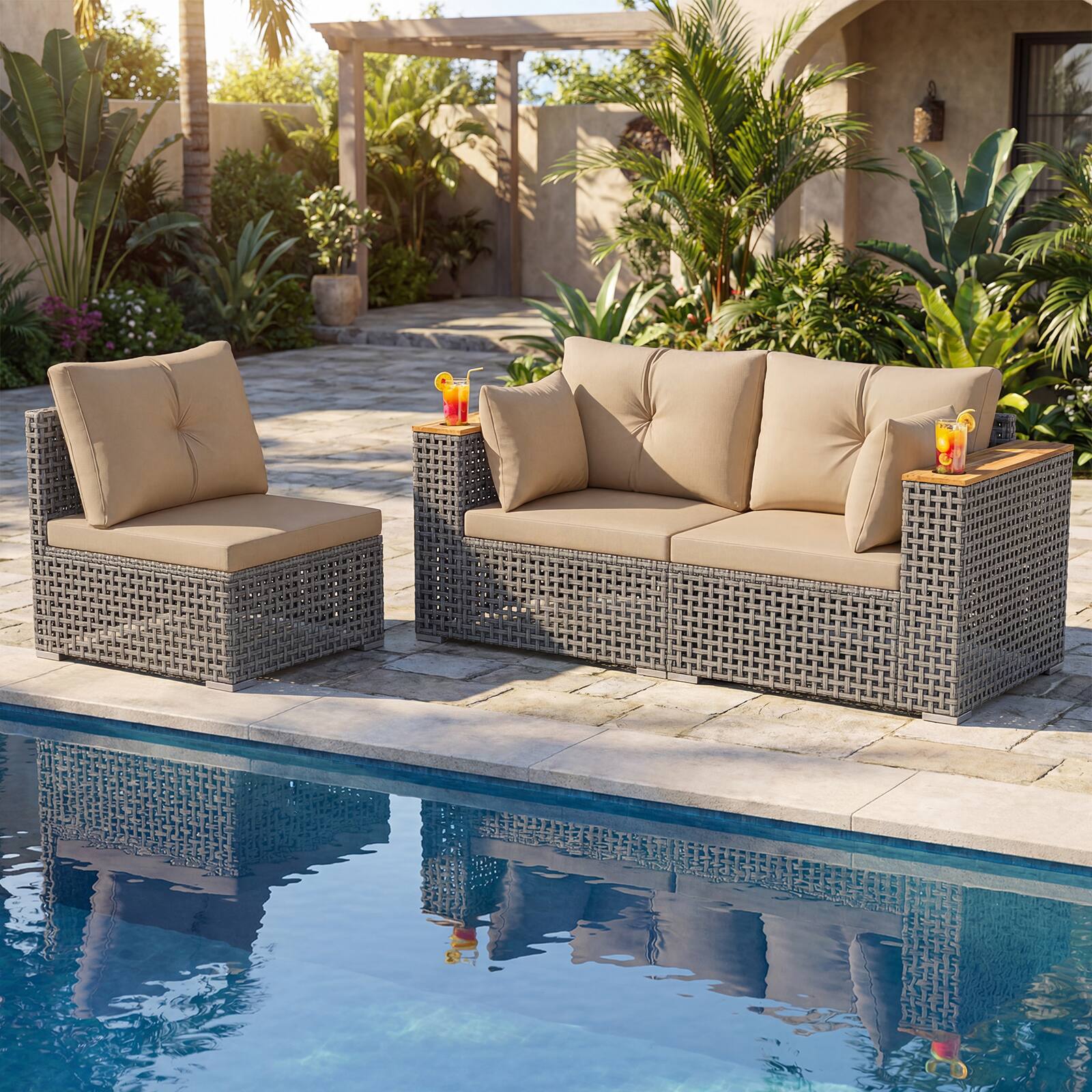 Alt View 2. Costway - Costway Patio Wicker Sectional Furniture Set, 3 Piece Outdoor Couch Set for Garden - Beige.