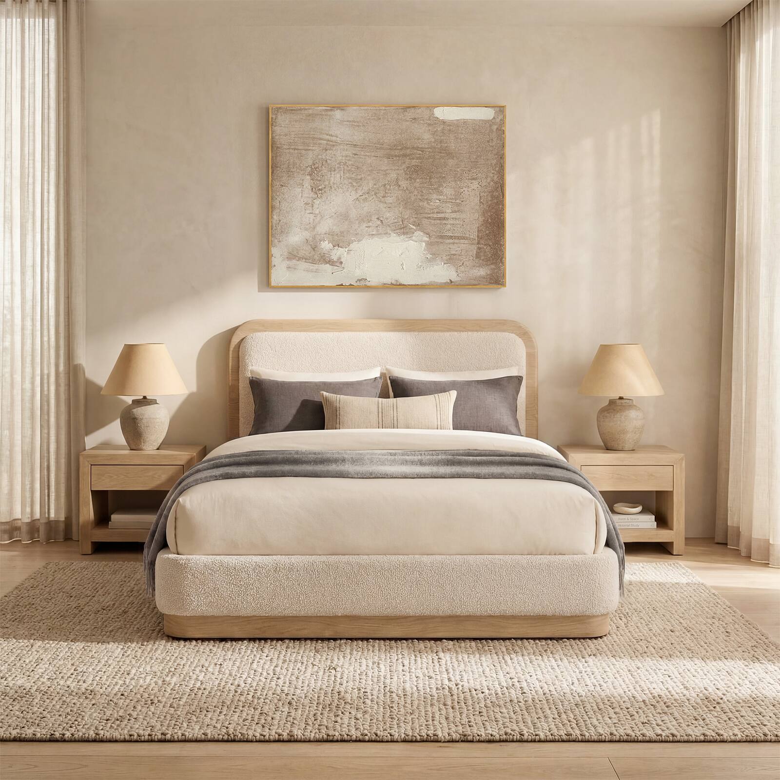 Angle. ModernMate - Upholstered Wood Grain PU Fabric Headboard Bed Frame with Fabric Footboard Solid Wood Base Beds - Beige.