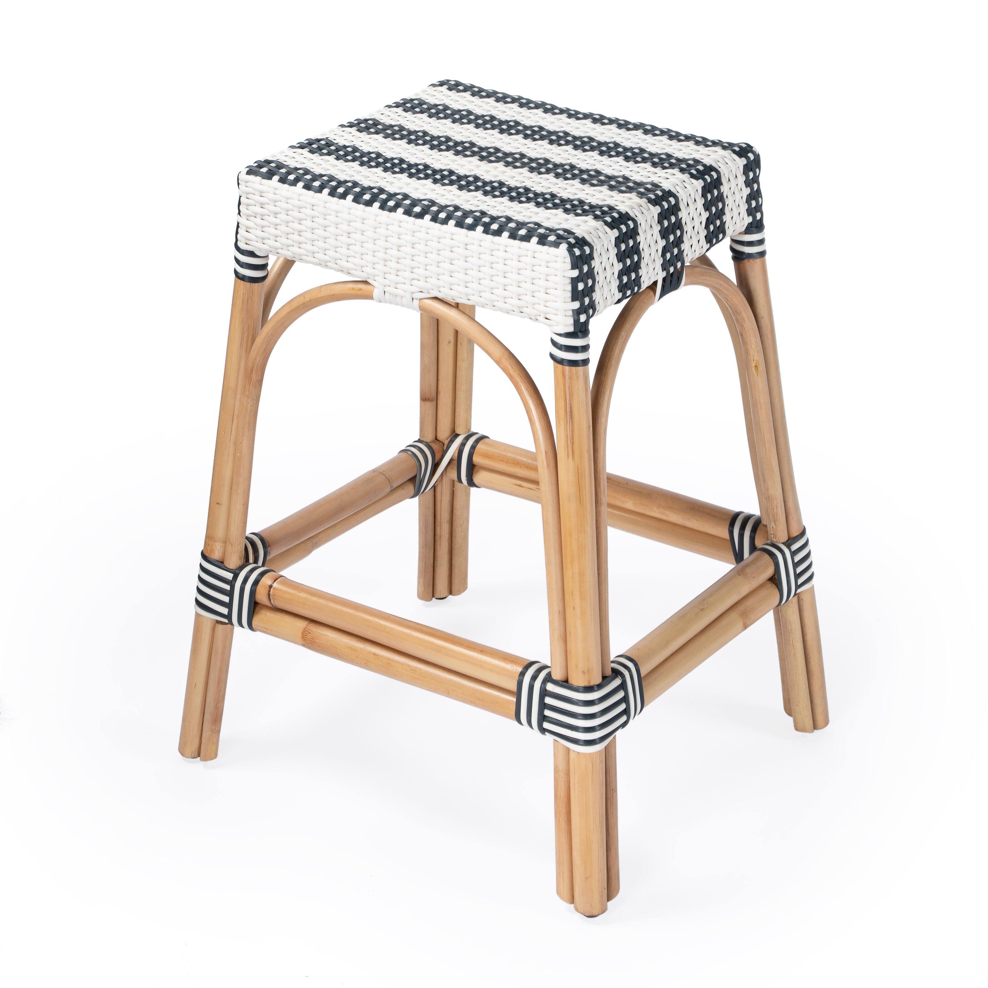 Butler Specialty - Robias 24.5 in. Seat Height Rectangular Rattan Backless Counter Stool with Footrest - White and Navy Stripe