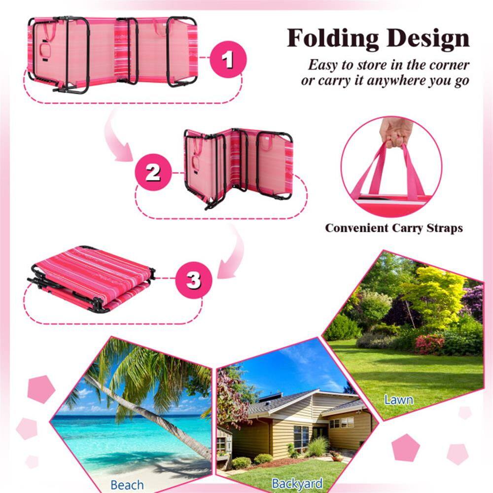 1. Folding Design: Easy to store in the corner or carry it anywhere you go  
2. Convenient Carry Straps  
3. Lawn, Beach, Backyard
