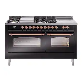 ILVE - Nostalgie II Series 60 in. Dual Fuel Range with 7 Sealed Burners + Griddle (Natural Gas, Copper Trim) - Glossy Black