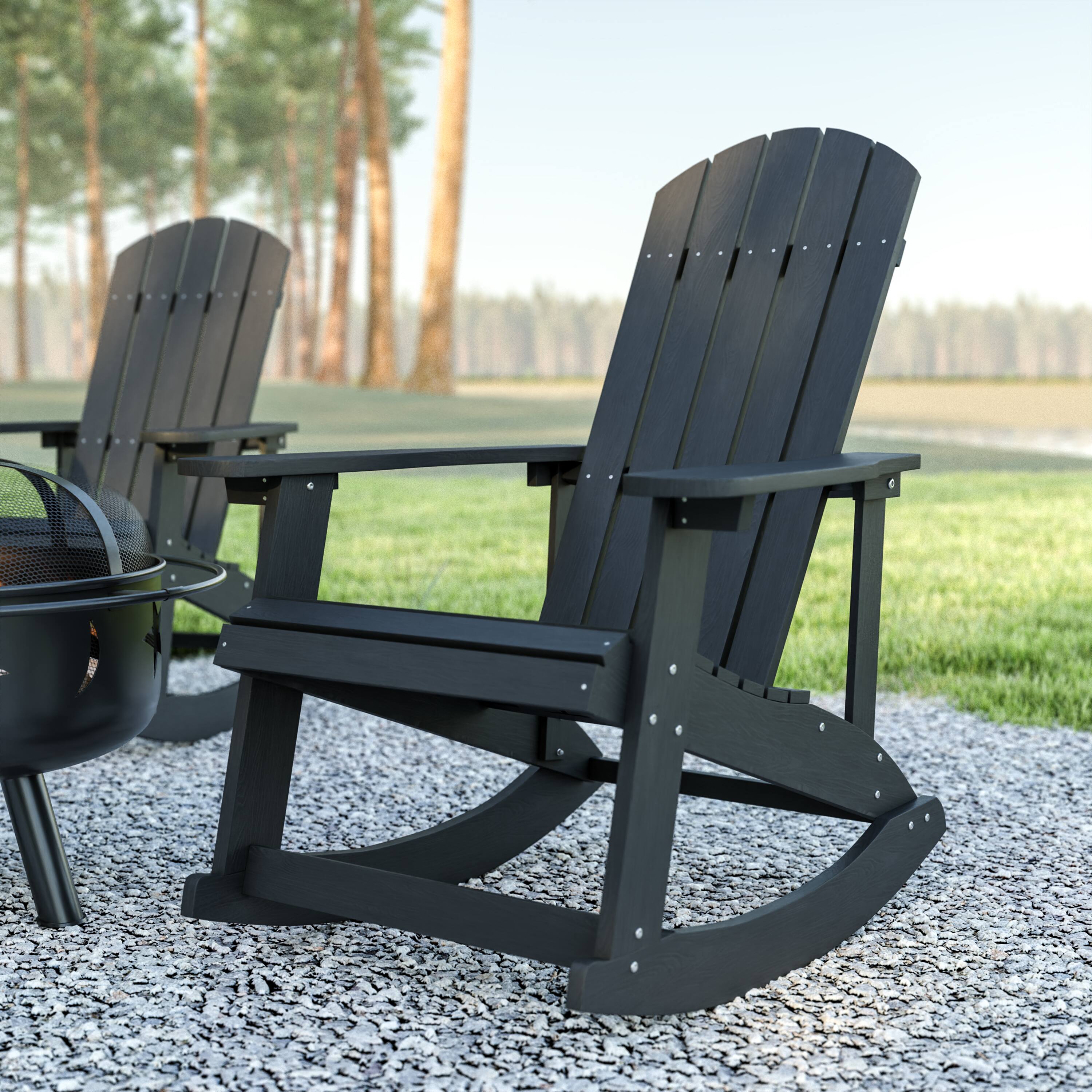 Alt View 1. Emma + Oliver - Classic All-Weather Poly Resin Rocking Adirondack Chair with Stainless Steel Hardware for Year Round Use - Black.