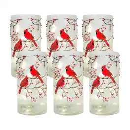 BreeBe - Frosted Glass Votive Holder with Beaded Cardinal Bird Design (Set of 6) - White, Red
