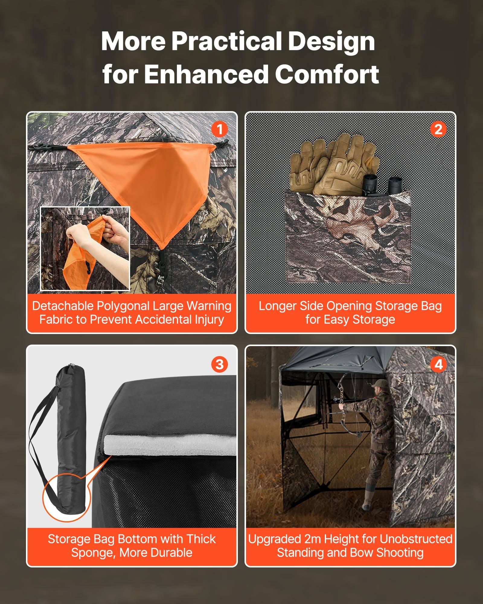 More Practical Design for Enhanced Comfort

1. Detachable Polygonal Large Warning Fabric to Prevent Accidental Injury
2. Longer Side Opening Storage Bag for Easy Storage
3. Storage Bag Bottom with Thick Sponge, More Durable
4. Upgraded 2m Height for Unobstructed Standing and Bow Shooting