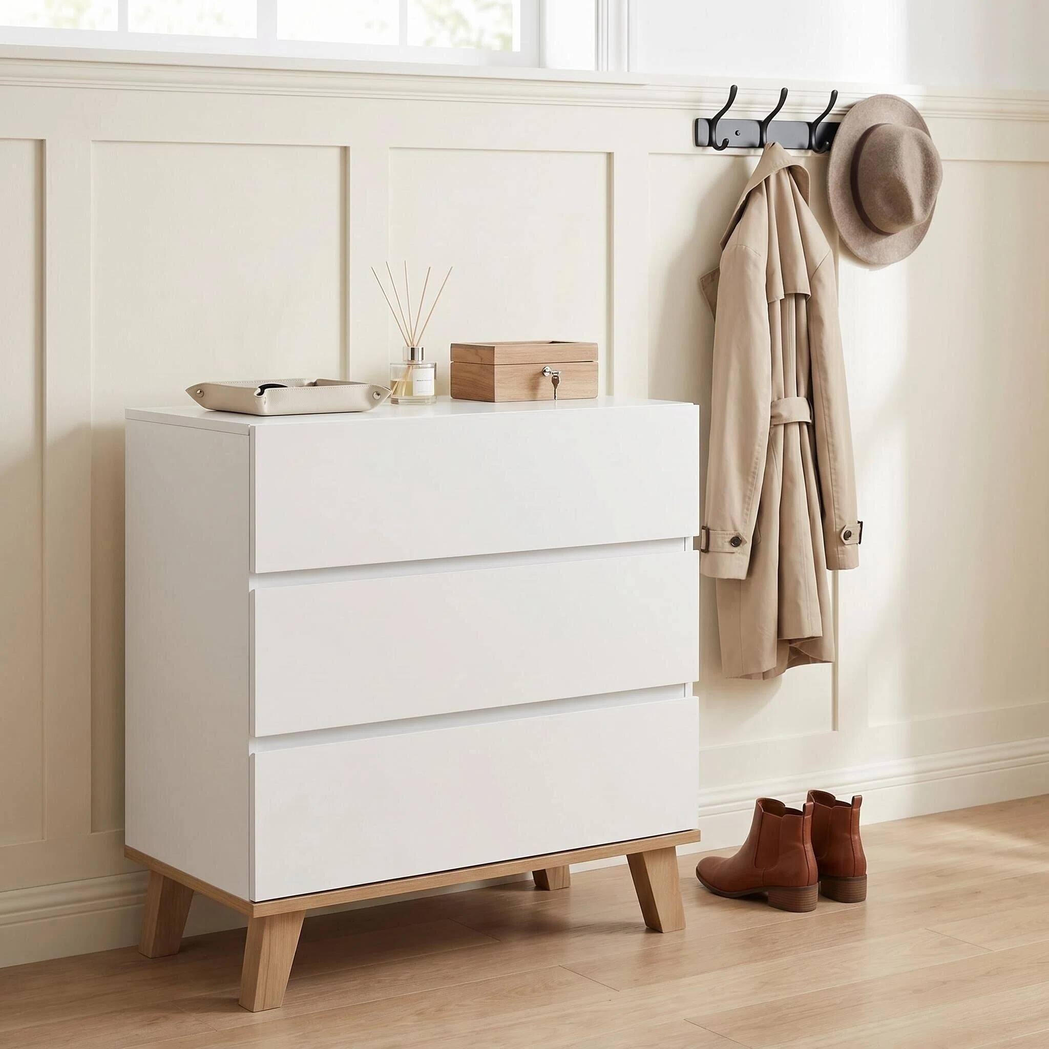 Alt View 6. Loheer - Loheer 3 Drawer White Dresser, Handle-Free Modern Storage Chest with Solid Wood Legs for Bedroom, Minimalist Cabinet - White.