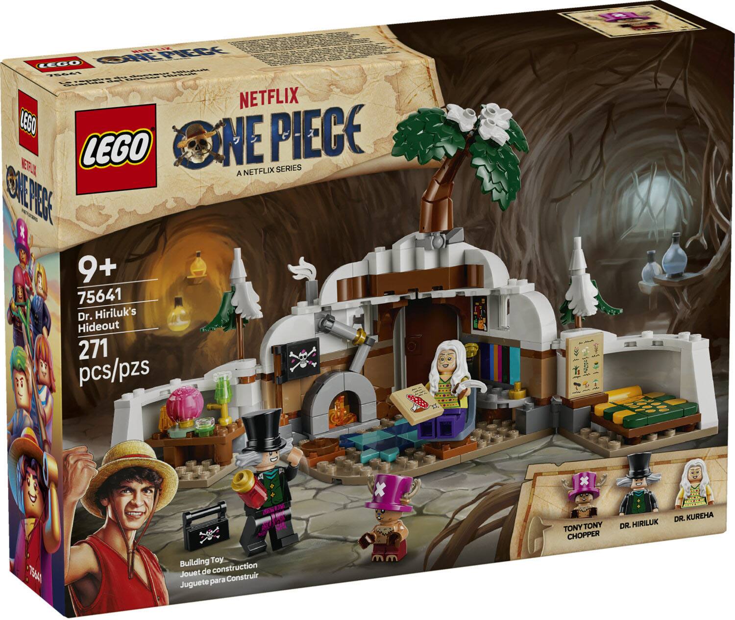 LEGO ONE PIECE  
A NETFLIX SERIES  

9+  
75641  
Dr. Hiriluk's Hideout  
271 pcs/pzs  

Building Toy  
Jouet de construction  
Juguete para Construir  

TONY TONY CHOPPER  
DR. HIRILUK  
DR. KUREHA