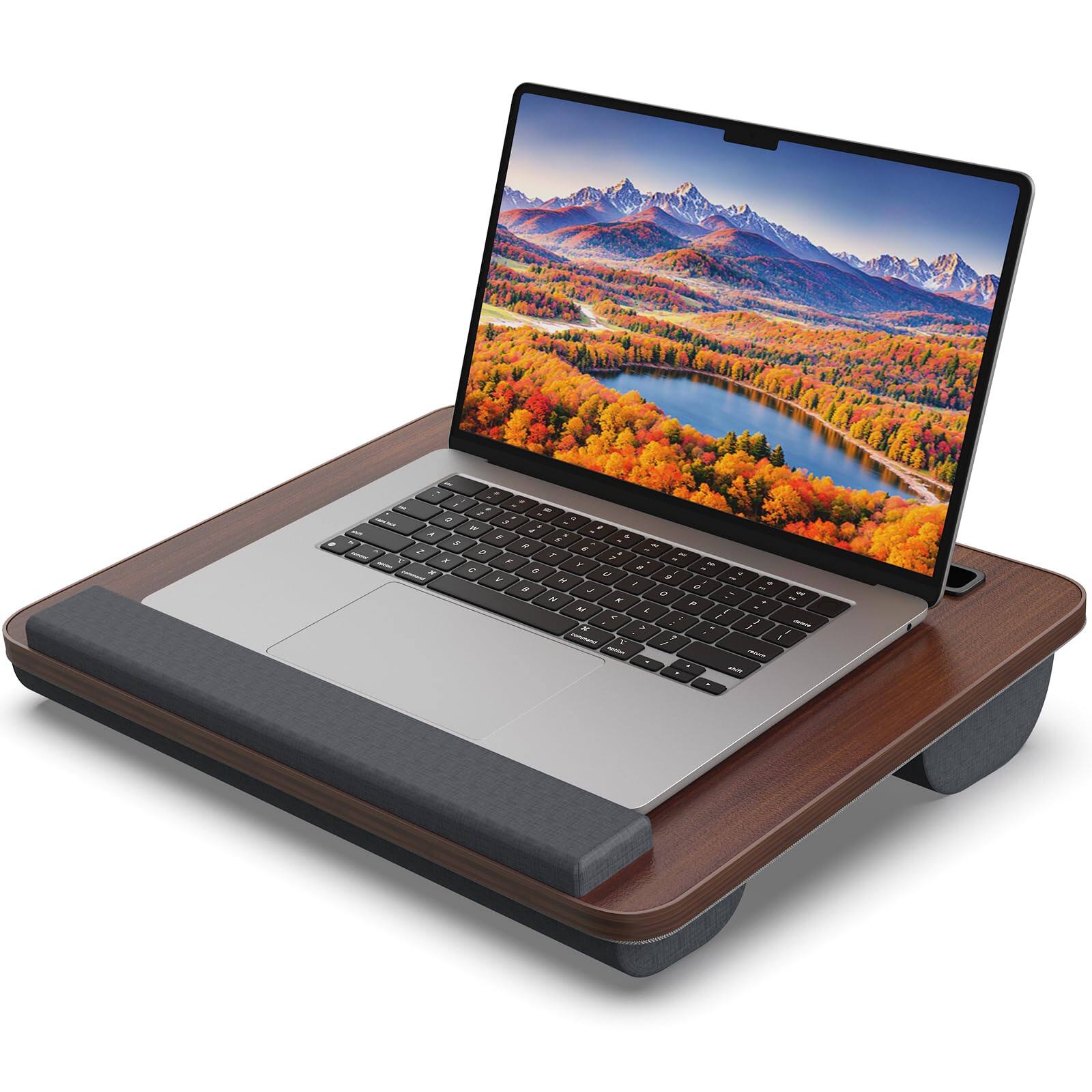 Front. Stylel Star - Laptop Lap Desk Portable Large For Bed Up Table With Wrist Rest Mouse Pad Tablet Phone Slot Handle Cushion (dark Brown.