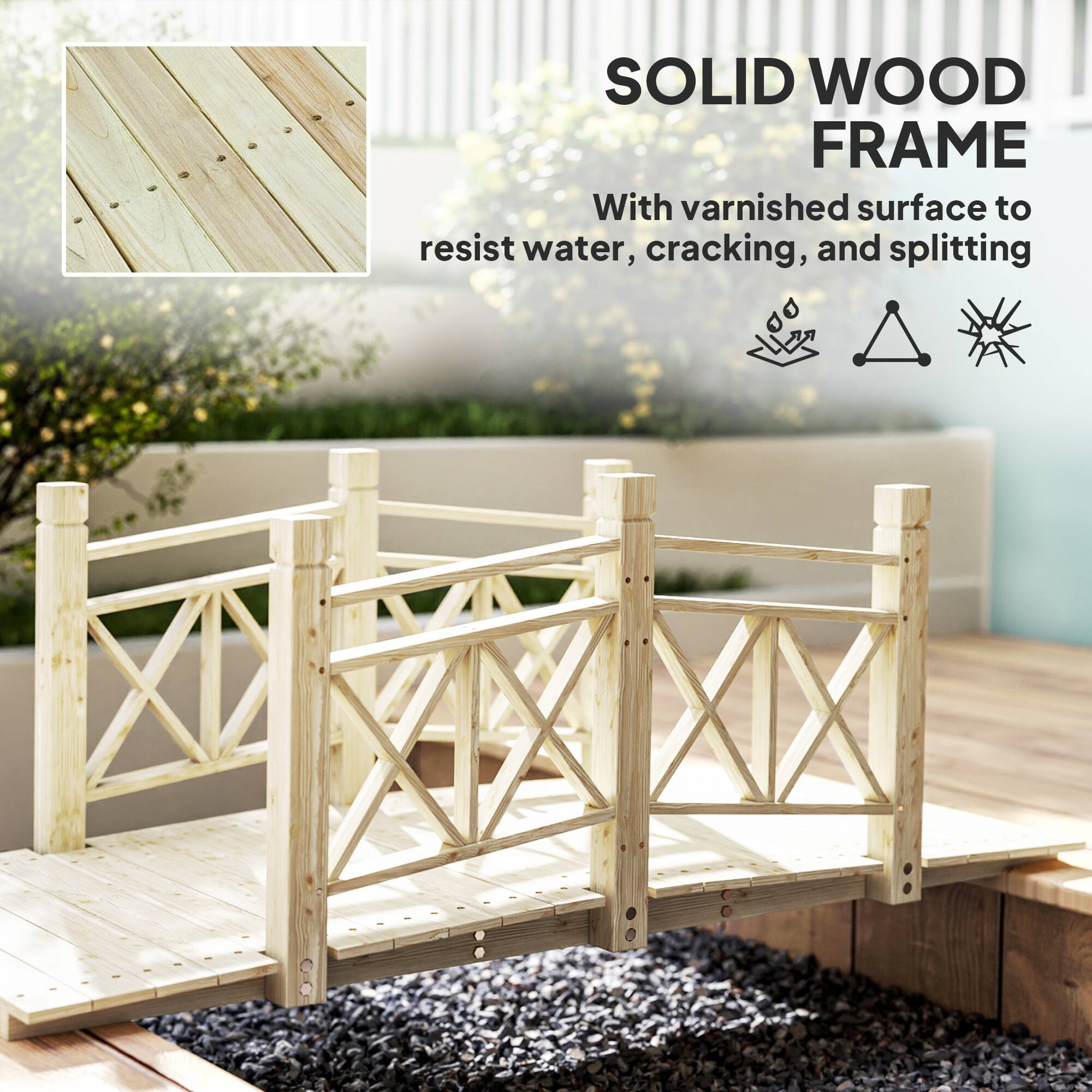 SOLID WOOD FRAME
With varnished surface to resist water, cracking, and splitting