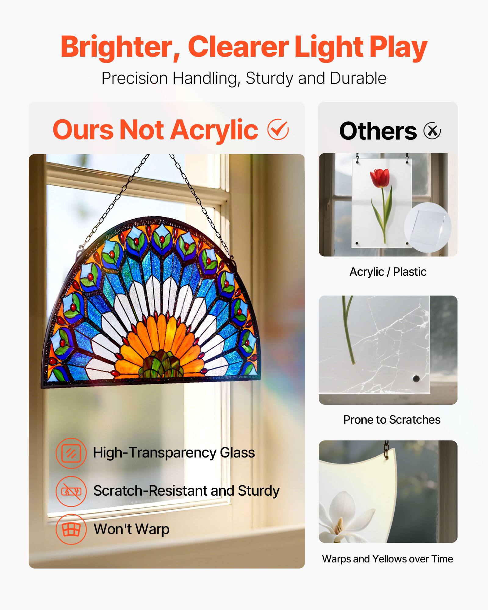 Brighter, Clearer Light Play  
Precision Handling, Sturdy and Durable  

Ours Not Acrylic  
High-Transparency Glass  
Scratch-Resistant and Sturdy  
Won't Warp  

Others  
Acrylic / Plastic  
Prone to Scratches  
Warps and Yellows over Time