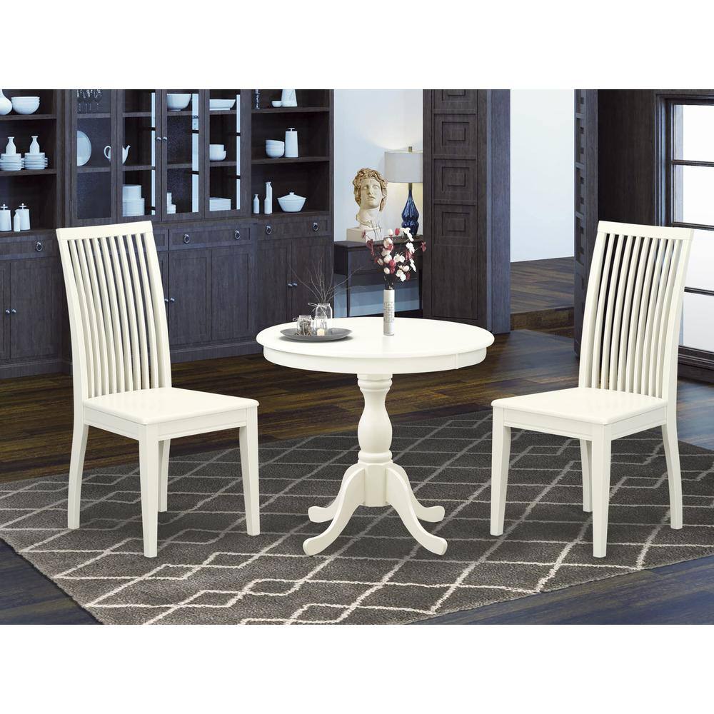 Back. East West Furniture - AMIP3-LWH-W 3 Piece Dining Room Set - 1 Wood Table and 2 Linen White Wood Dining Chairs - Linen White Finish - Linen White.