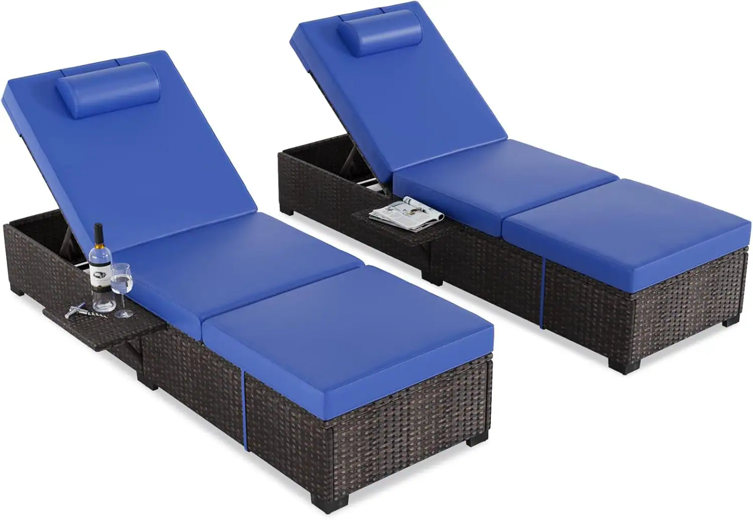Front. Acekool - Outdoor Lounge Chairs Set of 2, 5-Position Adjustable Recliner, PE Wicker Rattan, Cushioned Patio Recliners, Blue - Blue.
