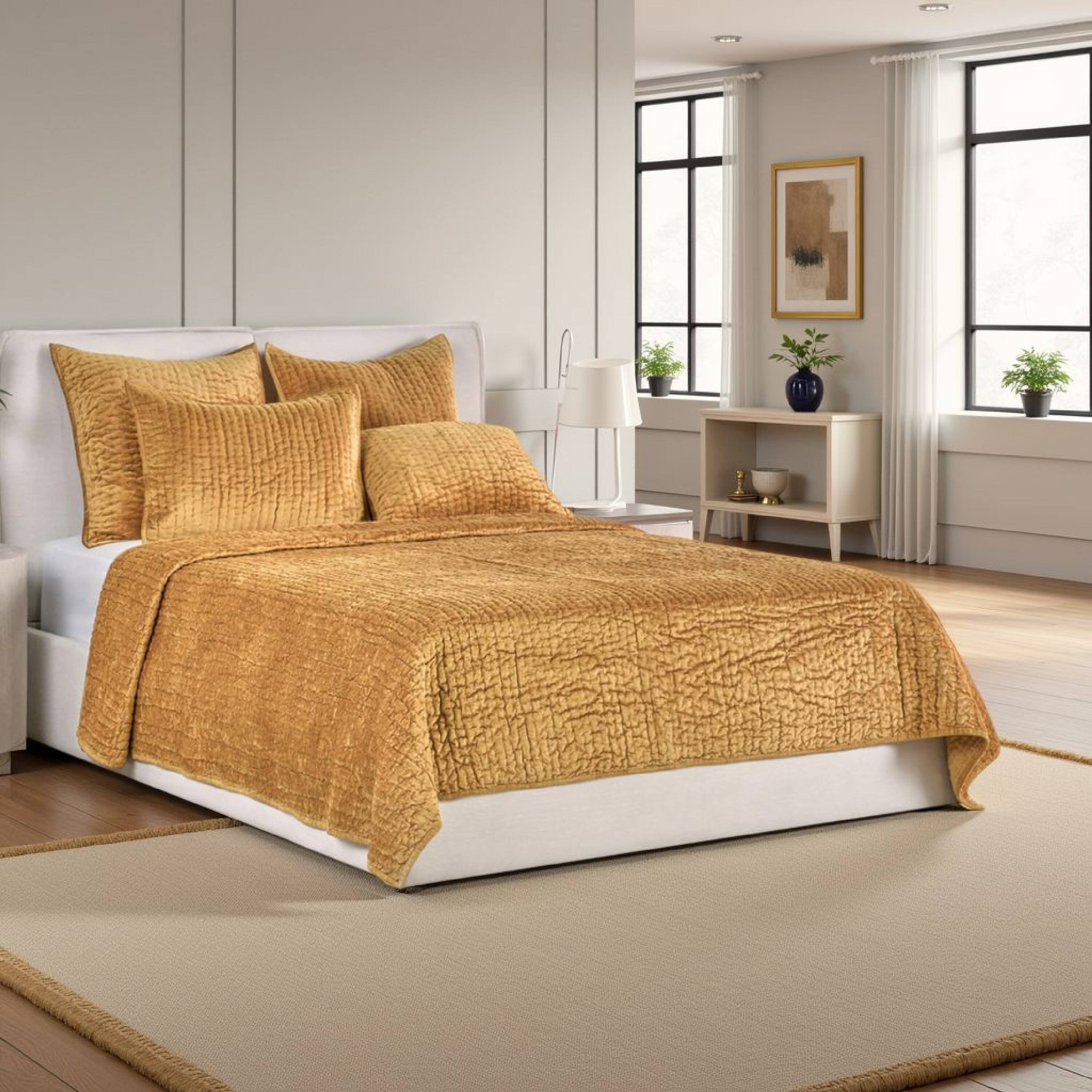 Alt View 2. Manhattan Lane - Romie King Kantha Quilt, Hand-Stitched Honey Rayon Velvet, Cotton - Honey Gold.