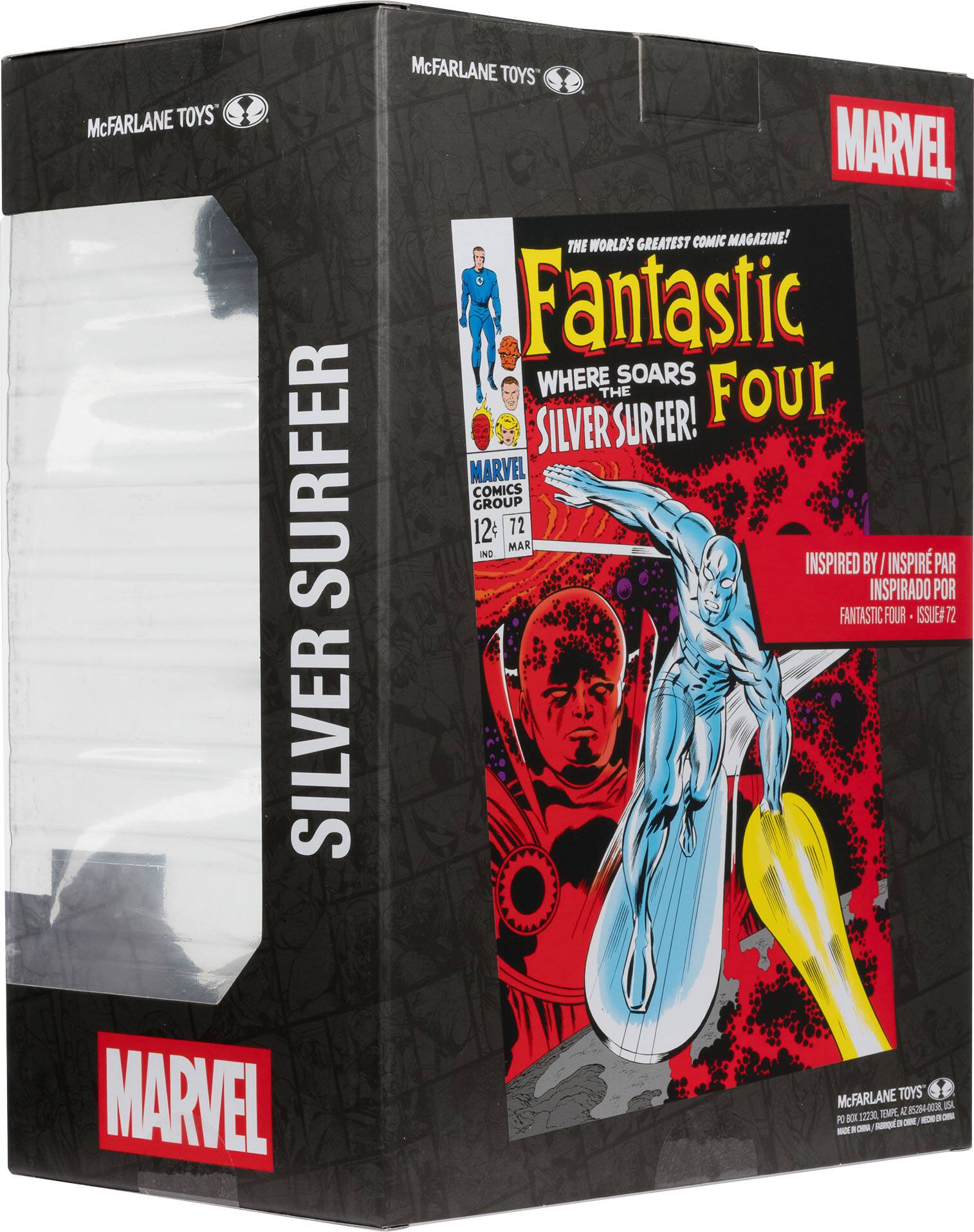 McFARLANE TOYS SURFER SILVER
McFARLANE TOYS MARVEL
THE WORLD'S GREATEST COMIC MAGAZINE!
Fantastic WHERE SOARS THE SURFER!
Four SILVER
MARVEL COMICS GROUP 12 72 MAR
INSPIRED BY / INSPIRÉ PAR / INSPIRADO POR
FANTASTIC FOUR ISSUE 72
McFARLANE TOYS ARSO-O B XX 12 EMPE -