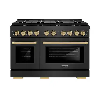Front. ZLINE - ZLINE Autograph 48 in. 6.7 cu. Ft. Double Oven Freestanding Gas Range in Black Satin Stainless Steel and Bronze Accents - Black Satin Stainless Steel.