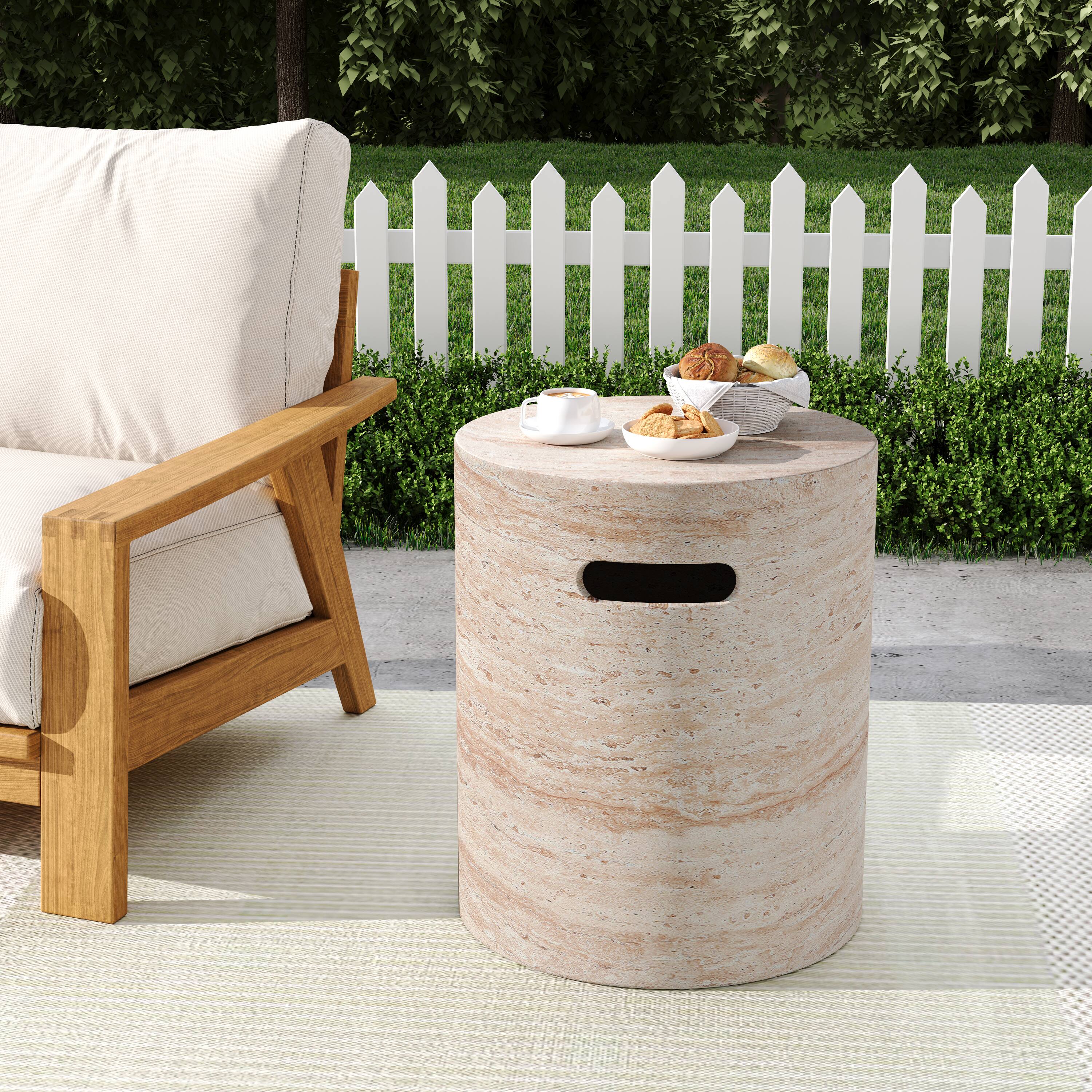 Front. APRILSOUL - Outdoor and Indoor Lightweight Concrete Side Table With Side Handles Travertine Finish - Beige.