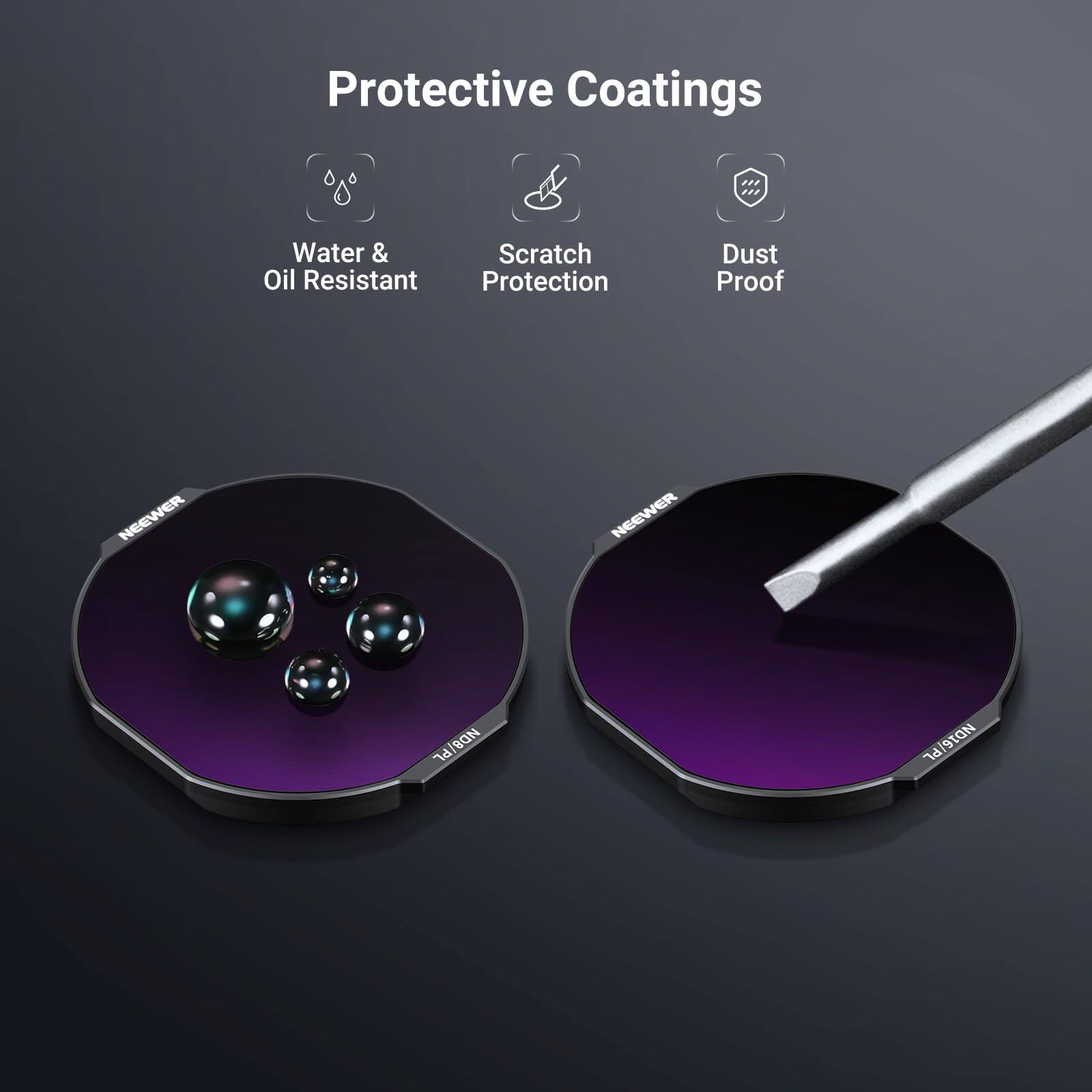 Protective Coatings  
Water & Oil Resistant  
Scratch Protection  
Dust Proof  

NEEWER  
NEEWER PL ND8/PL  
NEEWER