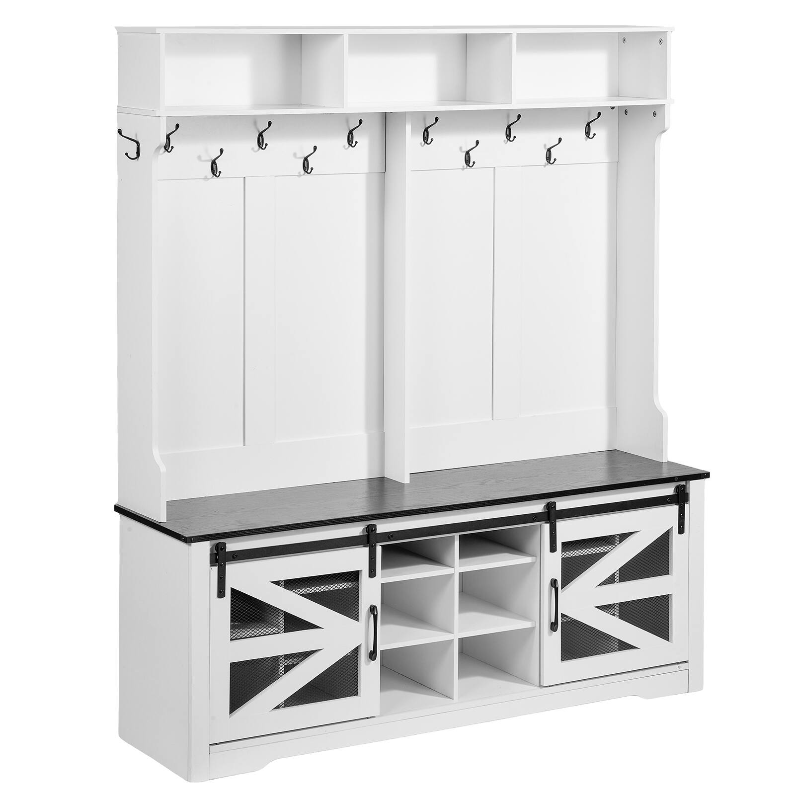 Front. VEVOR - Hall Tree Entryway Bench, LED Coat Rack with Shoe Storage, 59" Wide Mudroom bench with Storage and Seating - Body: White; Seat Board: Black.