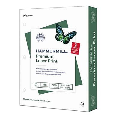 Hammermill - Premium Laser Print 8.5" x 11" 3-Hole Punched Multipurpose Paper, 24 lbs., 98 Brightness, 500 Sheets/Ream - White