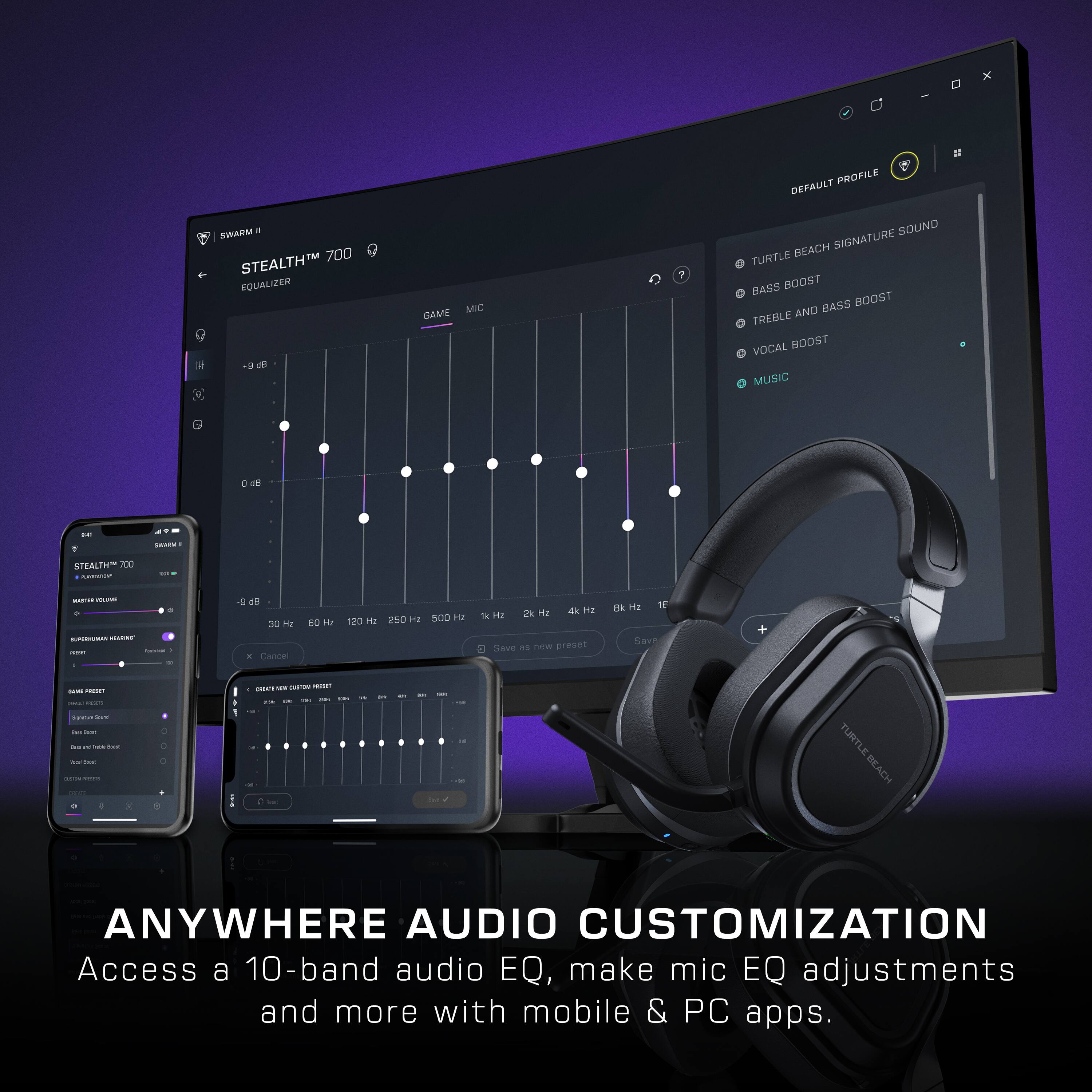 The text on the image is grouped and corrected as follows:

"Anywhere Audio Customization: Access a 10-band audio EQ, make mic EQ adjustments and more with mobile & PC apps."