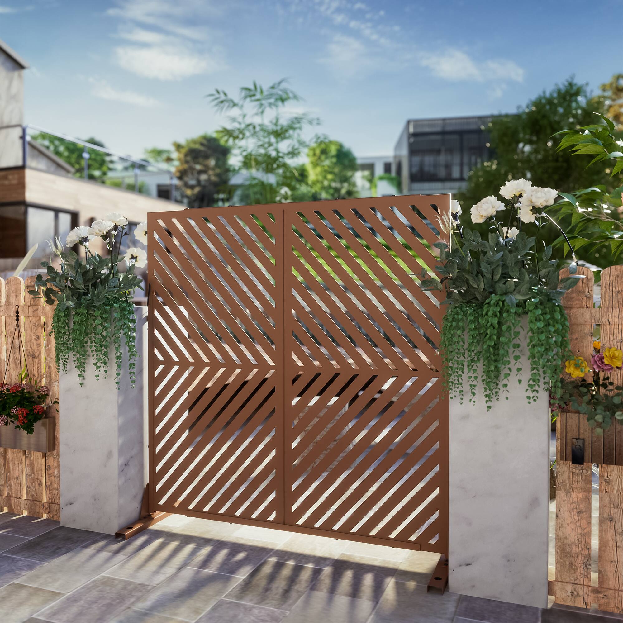 Alt View 4. PexFix - 72 in. x 47 in. Parallel Pattern Metal Outdoor Privacy Screen & Panels, Freestanding Garden Divider Fence - Rust Color.