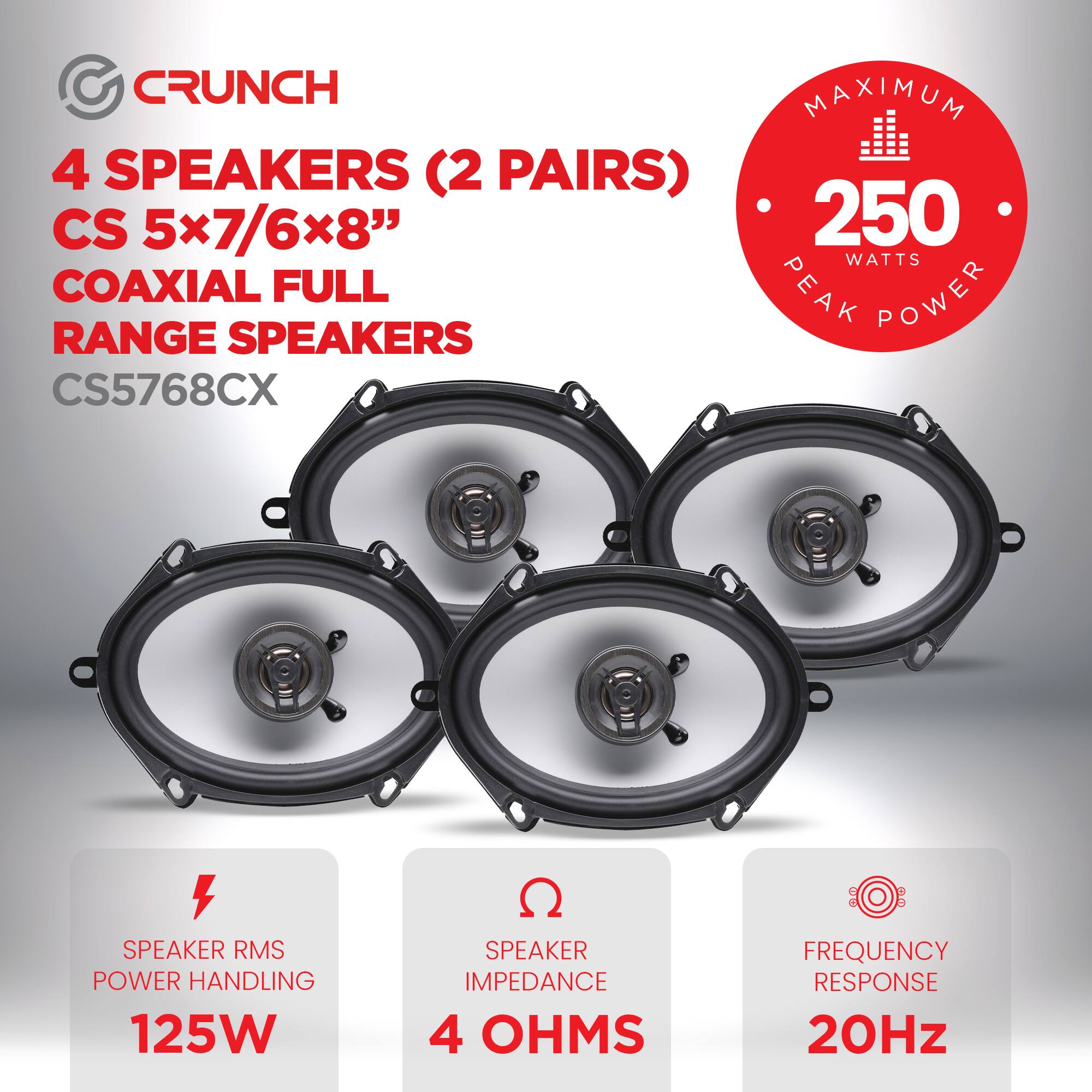 CRUNCH  
4 SPEAKERS (2 PAIRS)  
CS 5x7/6x8"  
COAXIAL FULL RANGE SPEAKERS  
CS5768CX  

MAXIMUM 250 WATTS PEAK POWER  

SPEAKER RMS POWER HANDLING 125W  
SPEAKER IMPEDANCE 4 OHMS  
FREQUENCY RESPONSE 20Hz