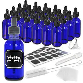Nevlers - 2 Oz. Glass Dropper Bottles with Funnel, Brush, Shrink Wrap, Marker and Labels (Pack of 24) - Blue