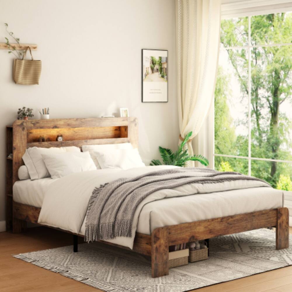 Angle. LUCKY ONE - Full Size Wood Platform Bed Frame with Storage LED Headboard, USB Charging, Wood Slats, No Box Spring Needed - Dark Brown,Full.