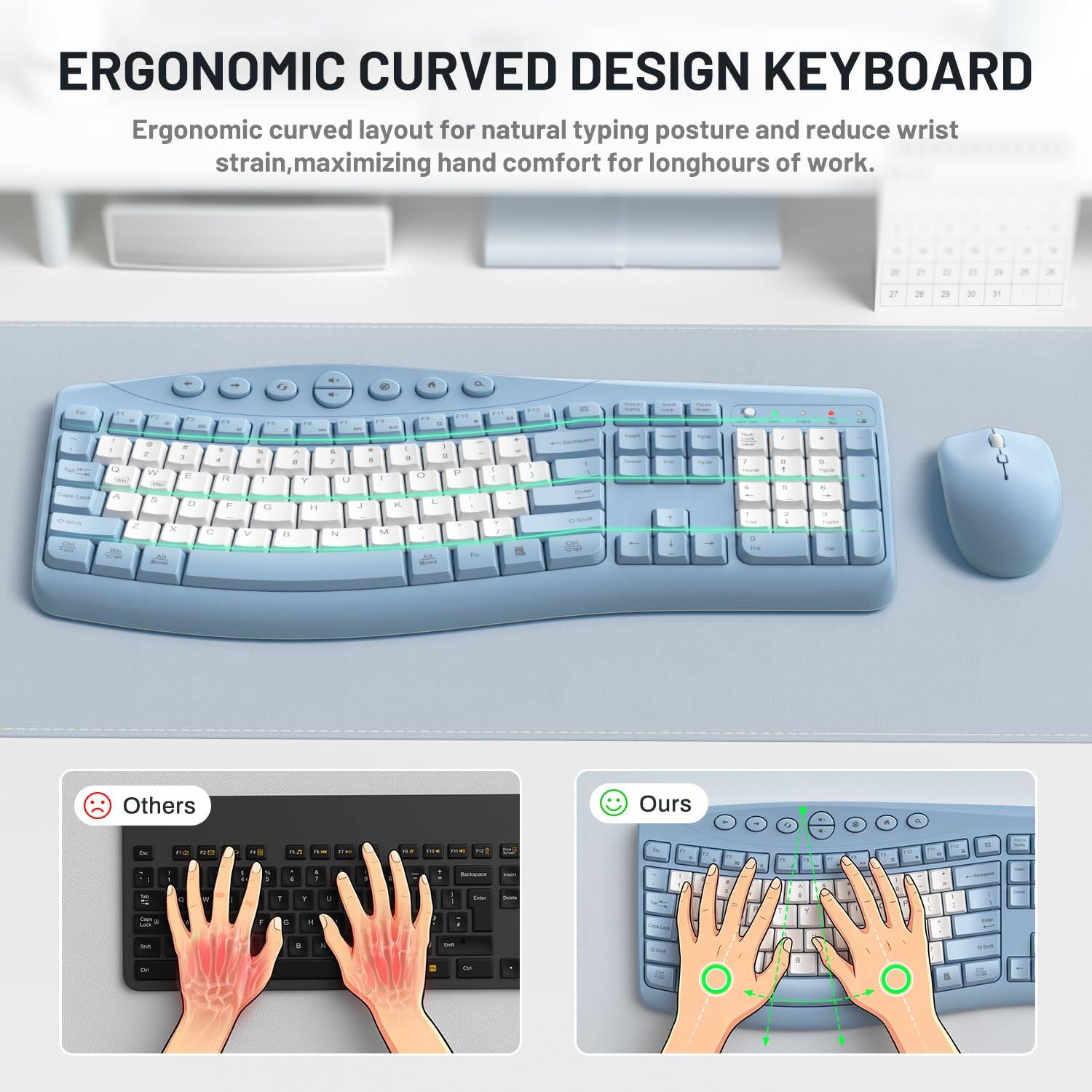 Bundle HESVAP Silent Ergonomic Wireless Keyboard and Mouse Combo, Full ...