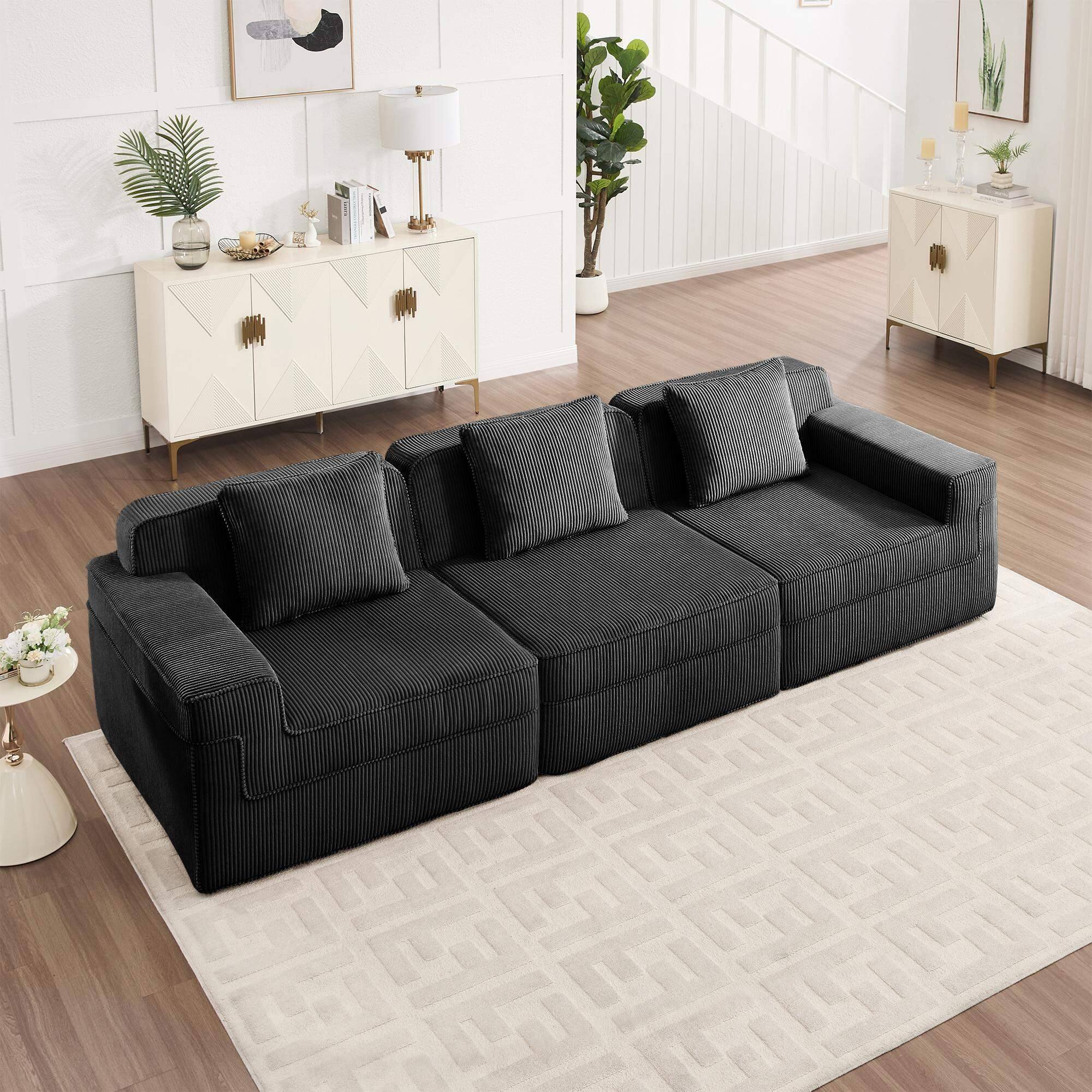 Left. Roomtec - Modular 3 Seat Boneless Sofa Cloud Sectional Couch with Deep Seat Modern Modular 3Seat Sofa Couch with Throw Pillows - Black.