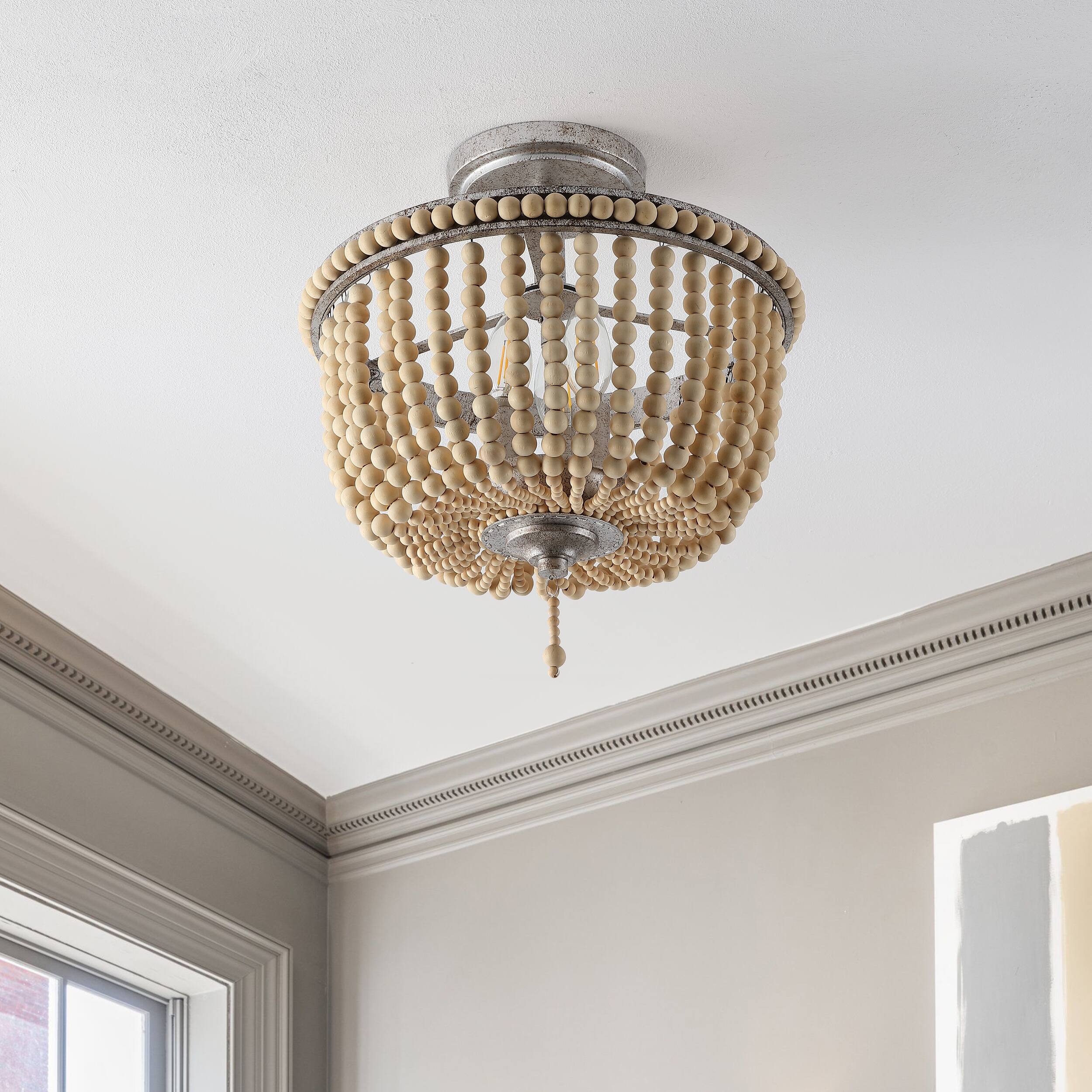 Alt View 5. Jonathan Y - Allie 14" 3-Light Bohemian Farmhouse Wood Bead/Iron LED Semi Flush Mount, Antique Silver/Light Taupe - Antique Silver.