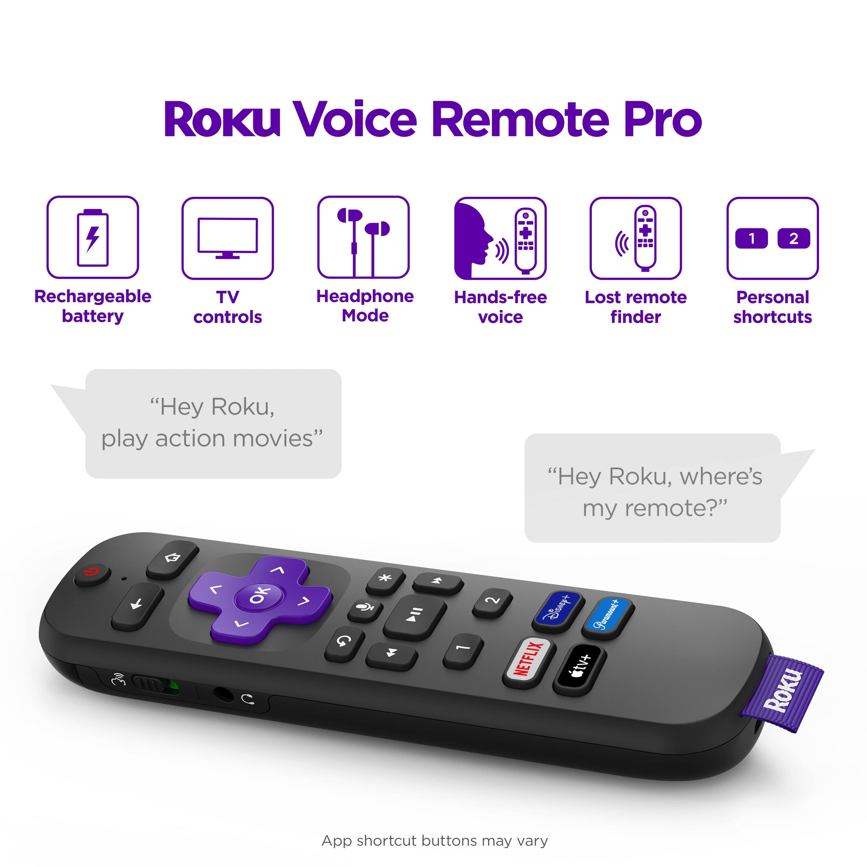Roku Voice Remote Pro:

1. Rechargeable TV battery controls
2. Headphone Hands-free
3. Lost remote mode
4. Voice finder
5. Personal shortcuts
6. "Hey Roku, play action movies"
7. "Hey Roku, where's my remote?"

Note: Roku App shortcut buttons may vary.